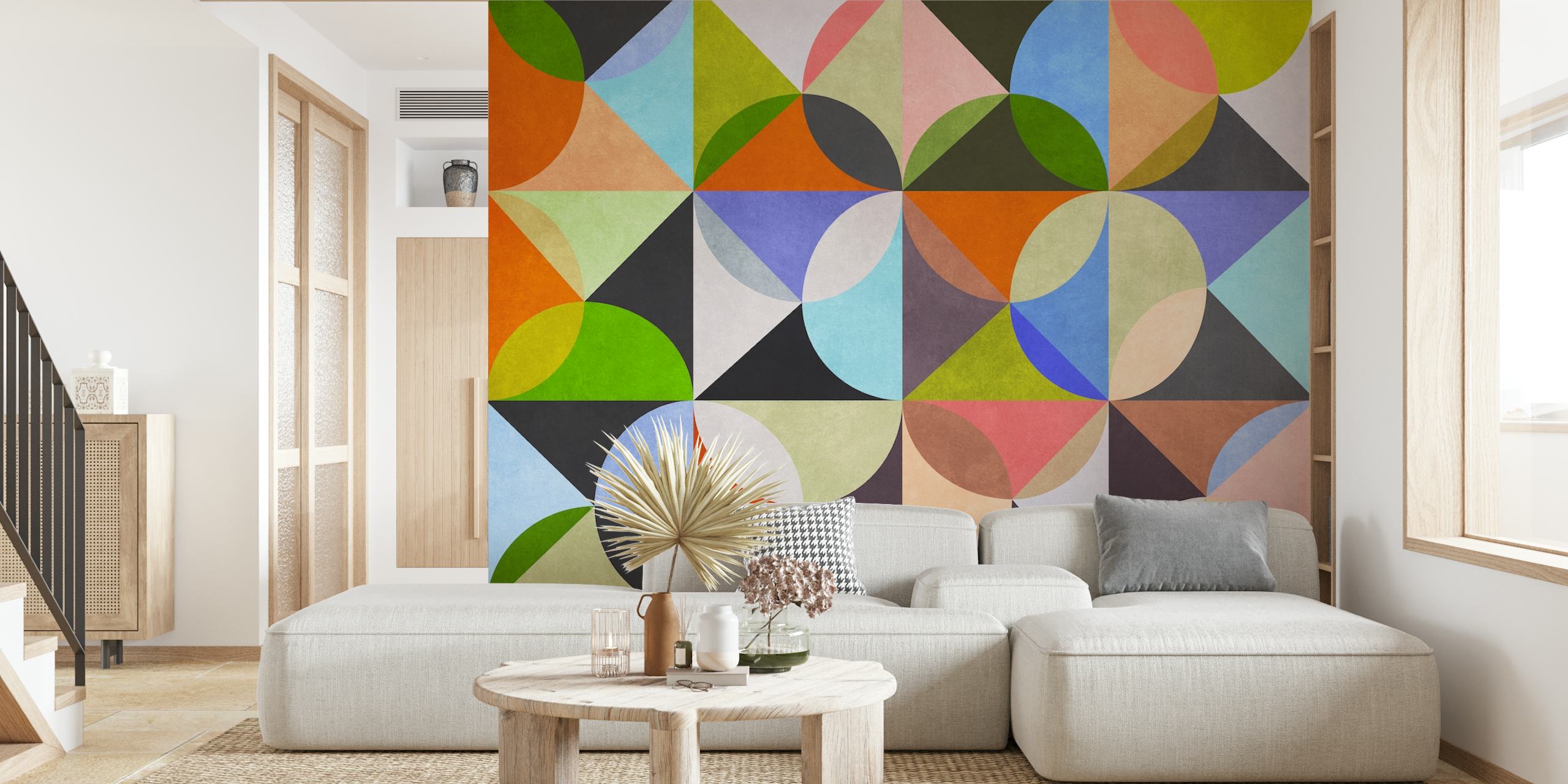 Colorful geometric shapes in warm and cool tones wallpaper