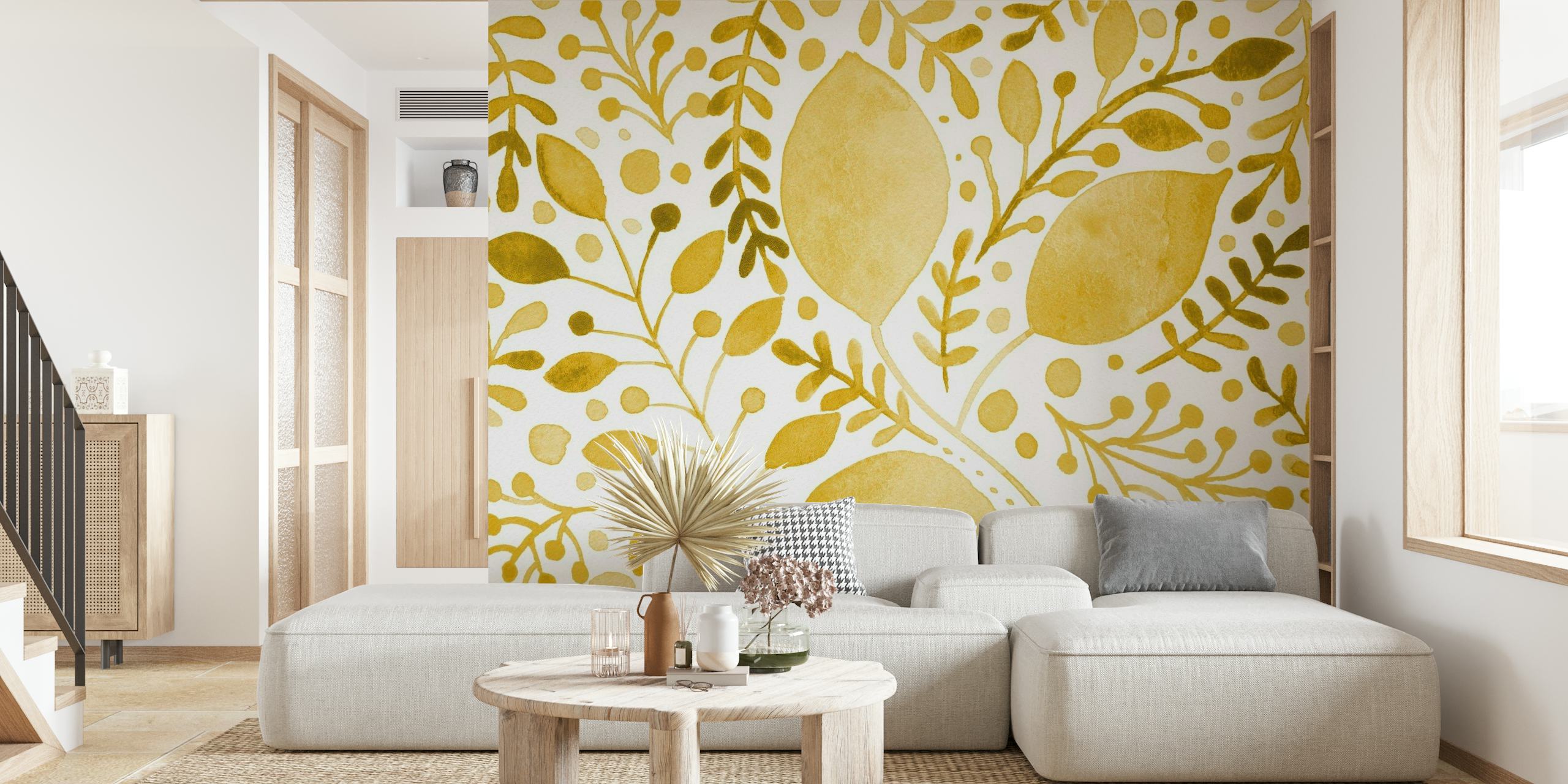 Papier peint mural branches aquarelles avec feuilles jaunes