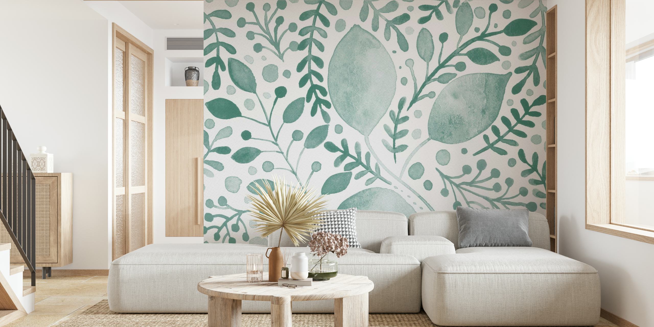 Watercolor branches teal wallpaper