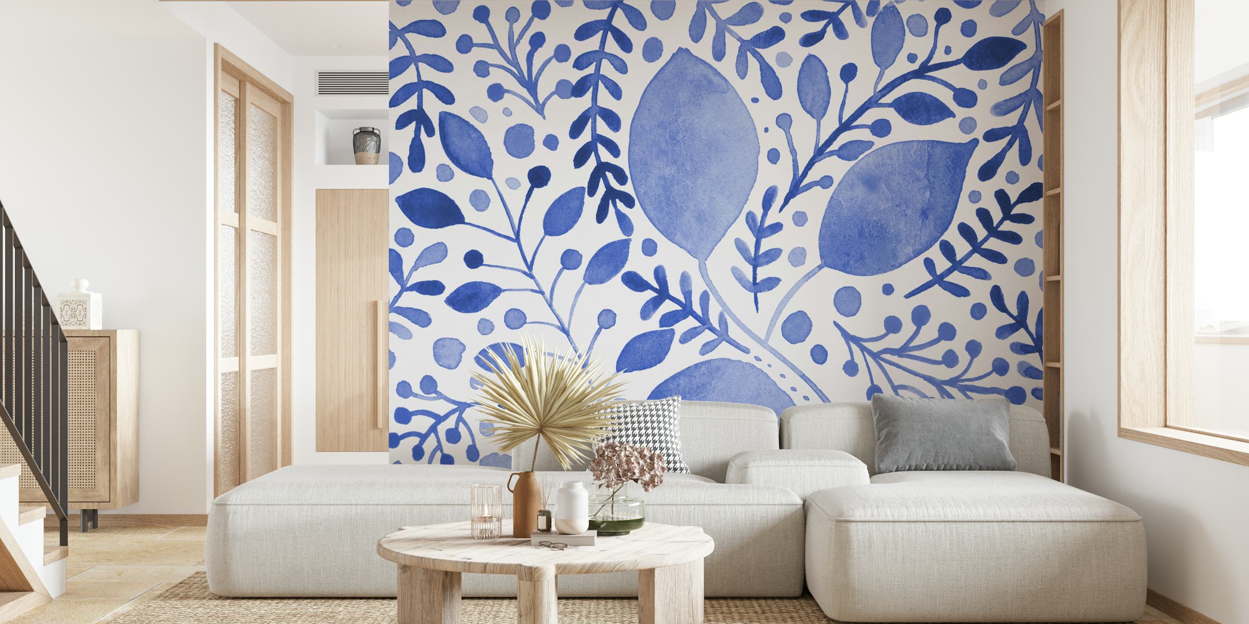 Watercolor branches with blue leaves and dots pattern wallpaper