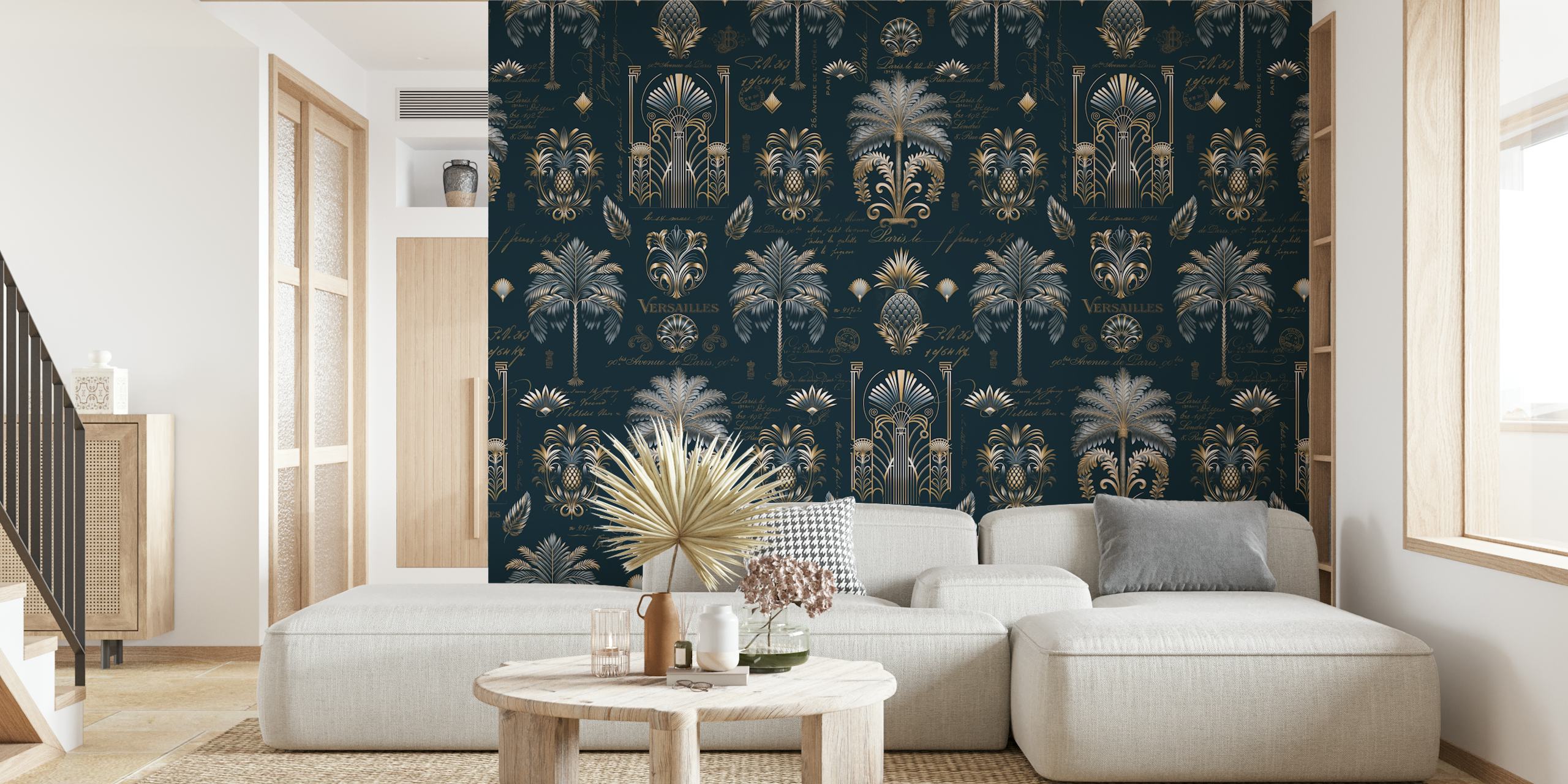 Art Deco Palm Luxury Blue behangontwerp