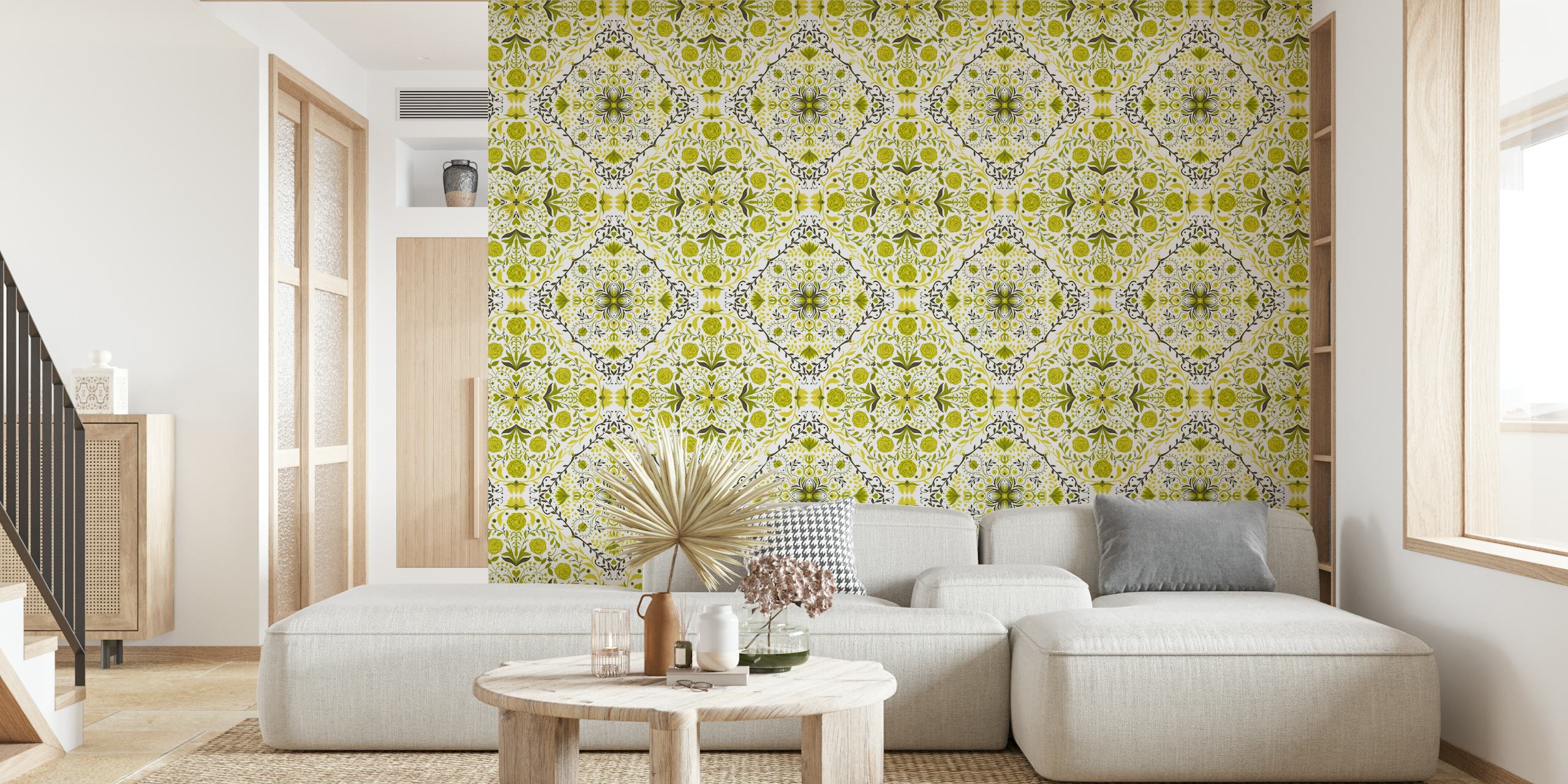 Green floral tile pattern wall mural