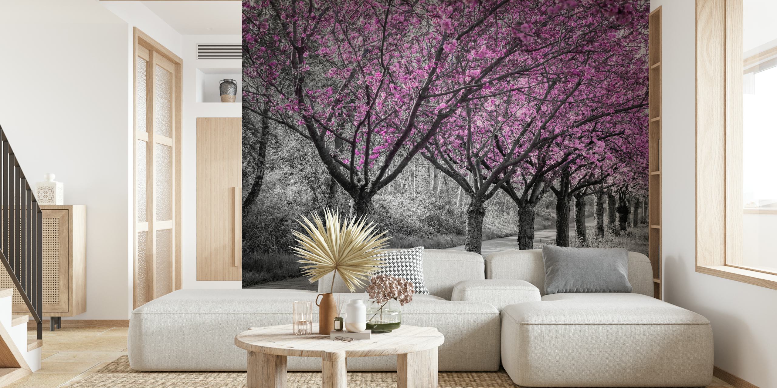 Pink cherry blossom trees in black and white wallpaper