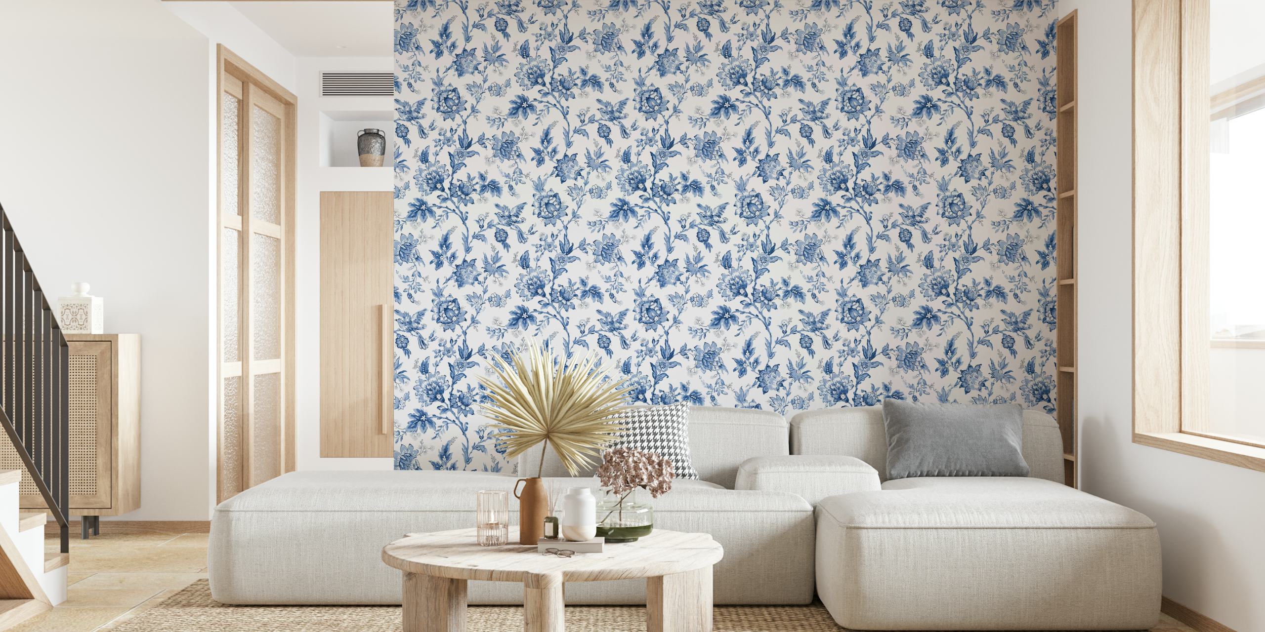 Elegant vintage blue and white floral wallpaper mural