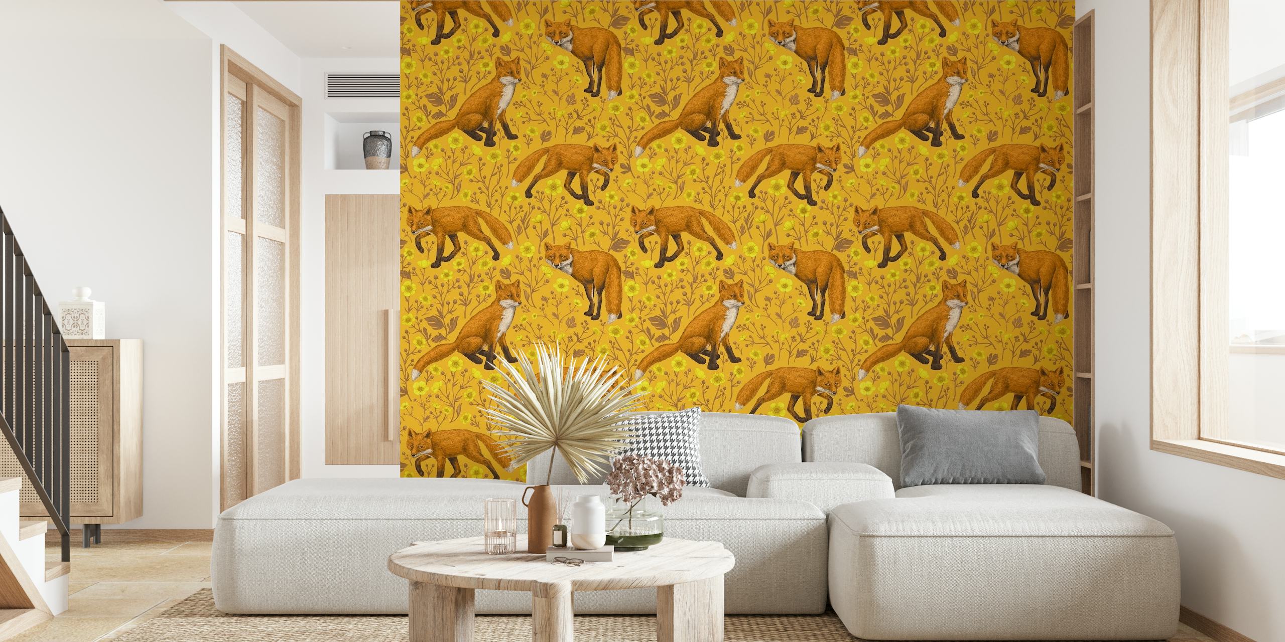 Fotomural vinílico de parede laranja quente com desenho de raposas brincalhonas e flores de botão de ouro