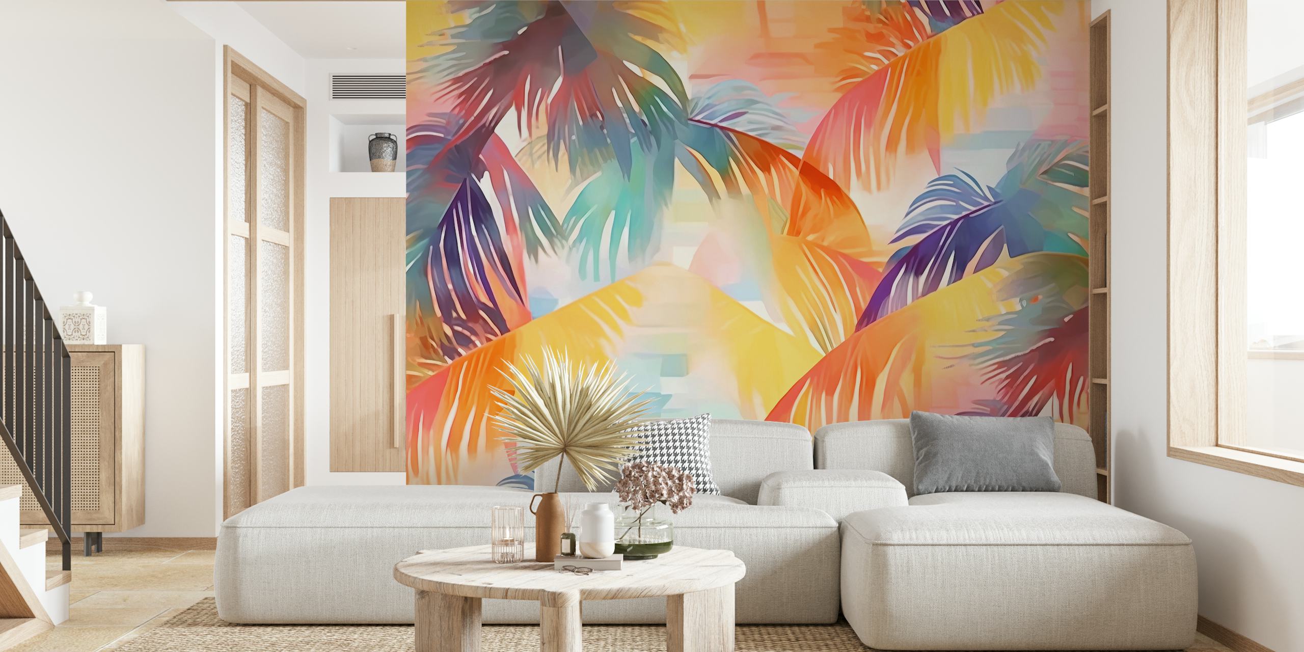 Papel de parede Coachella com folhas de palmeira coloridas