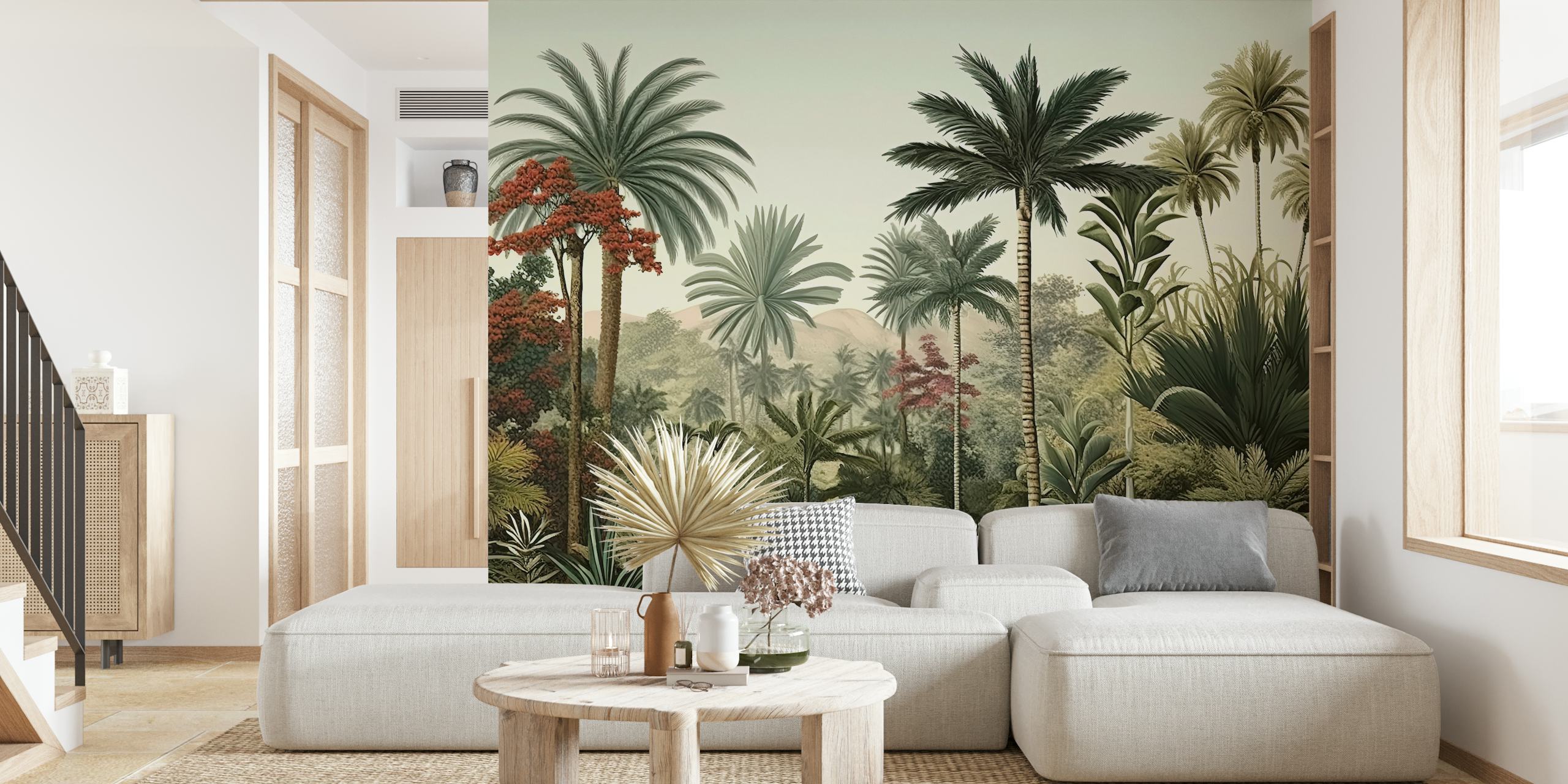 Tropical palm trees in various greens and red hues wallpaper