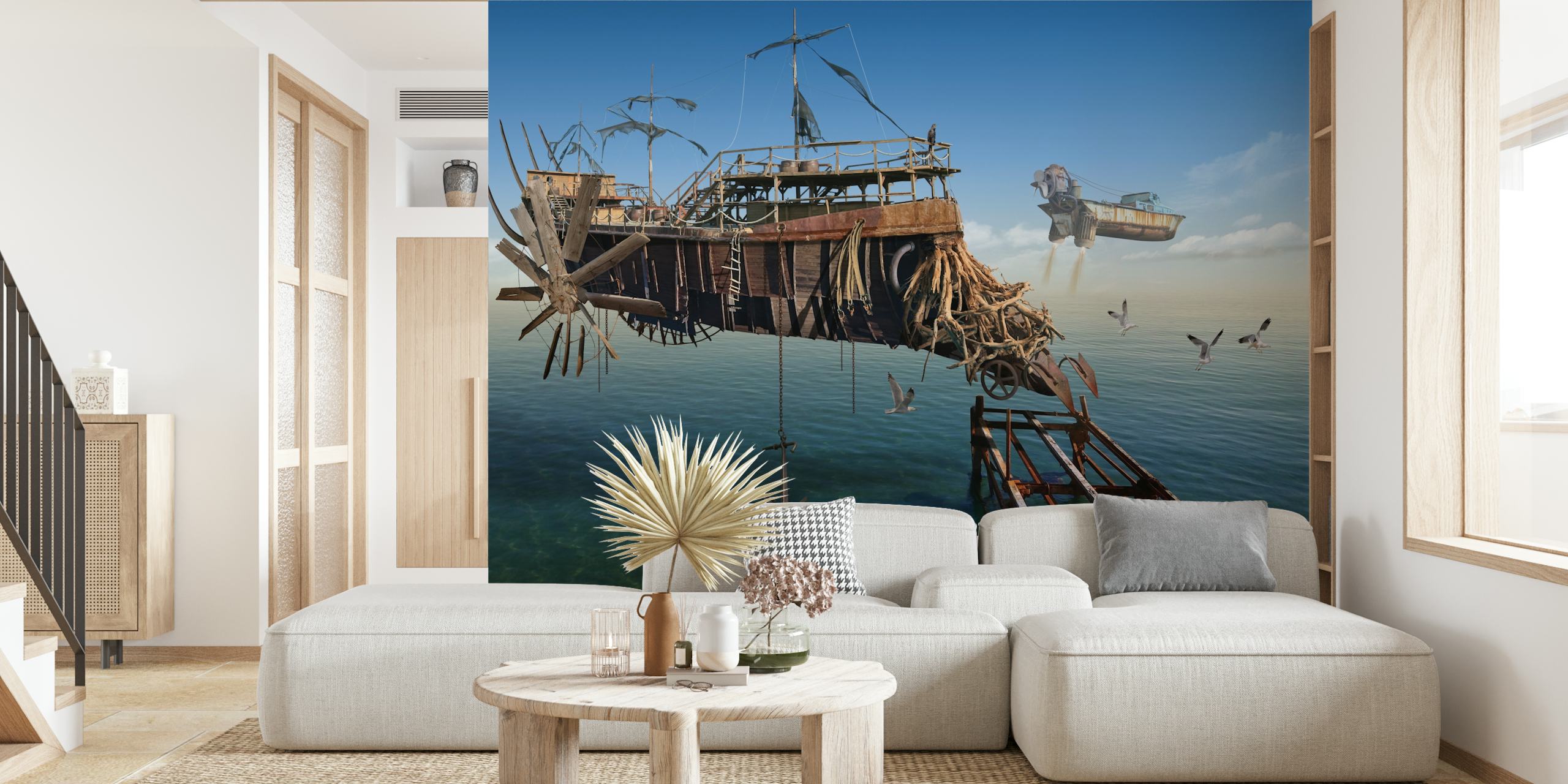 Nautical shipwreck design with rusted boat and ocean view wallpaper