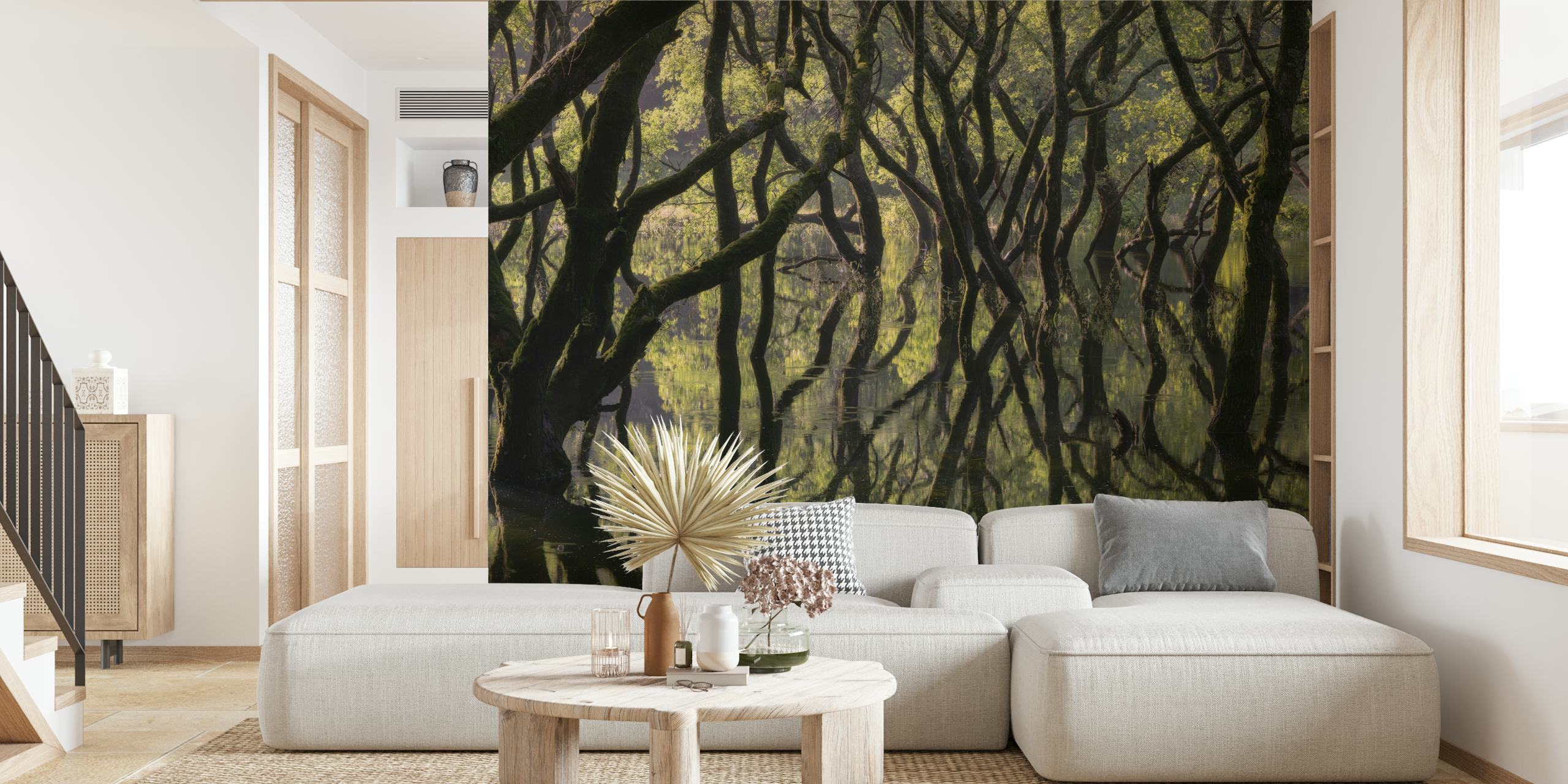 Tree silhouettes and reflections on water with green tones wallpaper