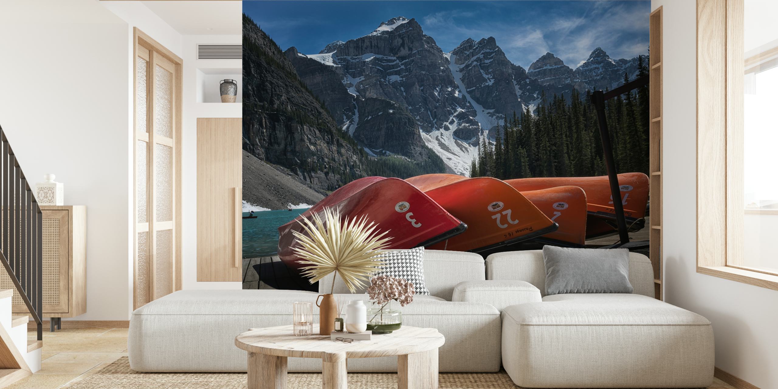 Four Peaks mountain landscape with red canoes wall mural