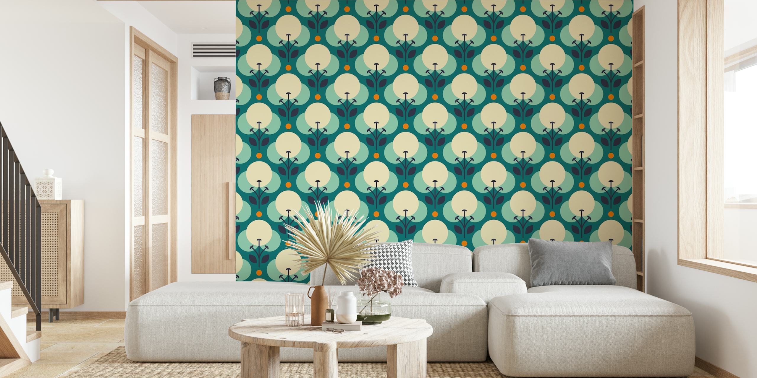 Retro floral design in teal and yellow wallpaper