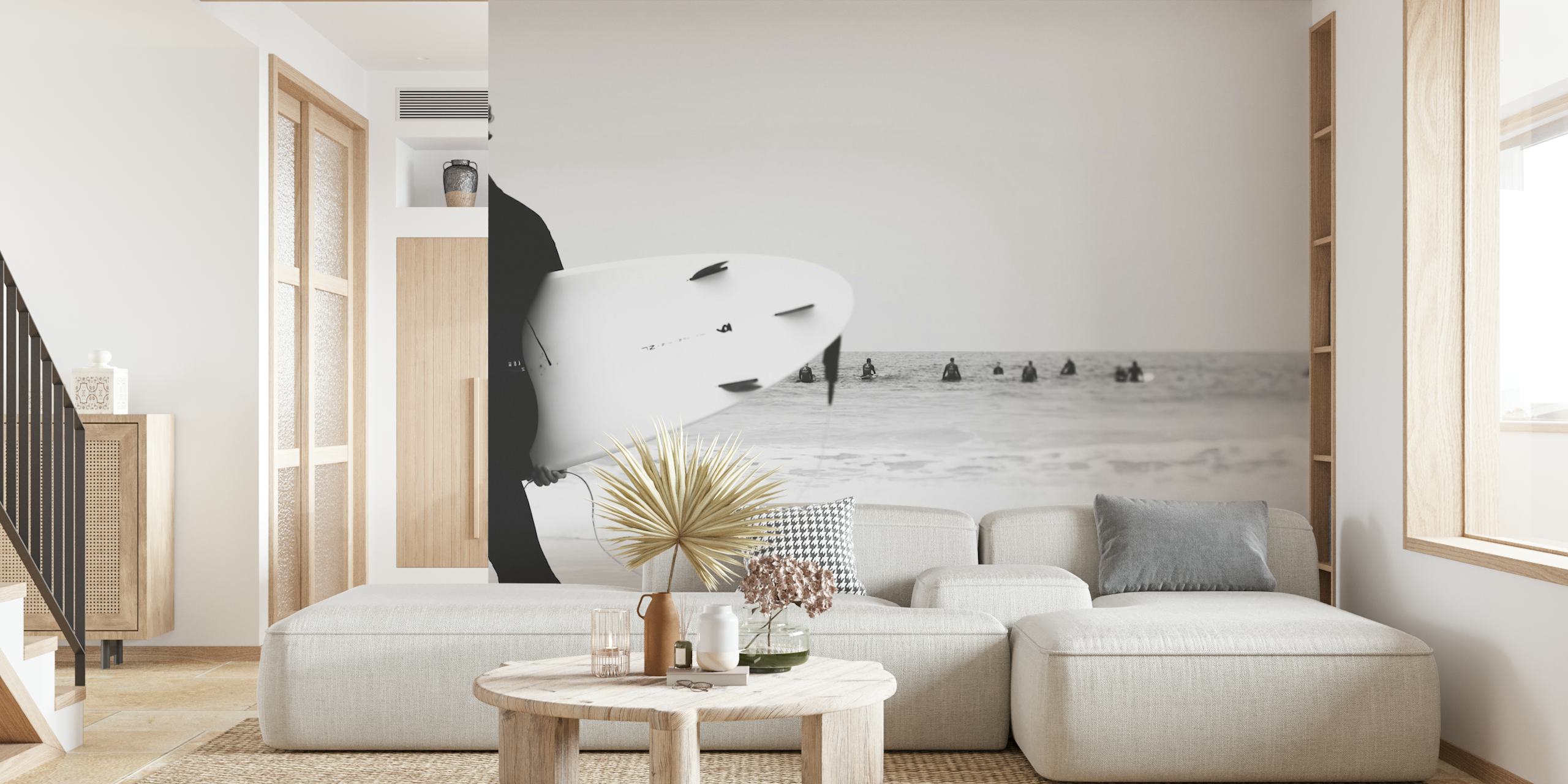 Papier peint mural silhouette de surfeur monochrome avec en toile de fond des vagues sereines de l'océan