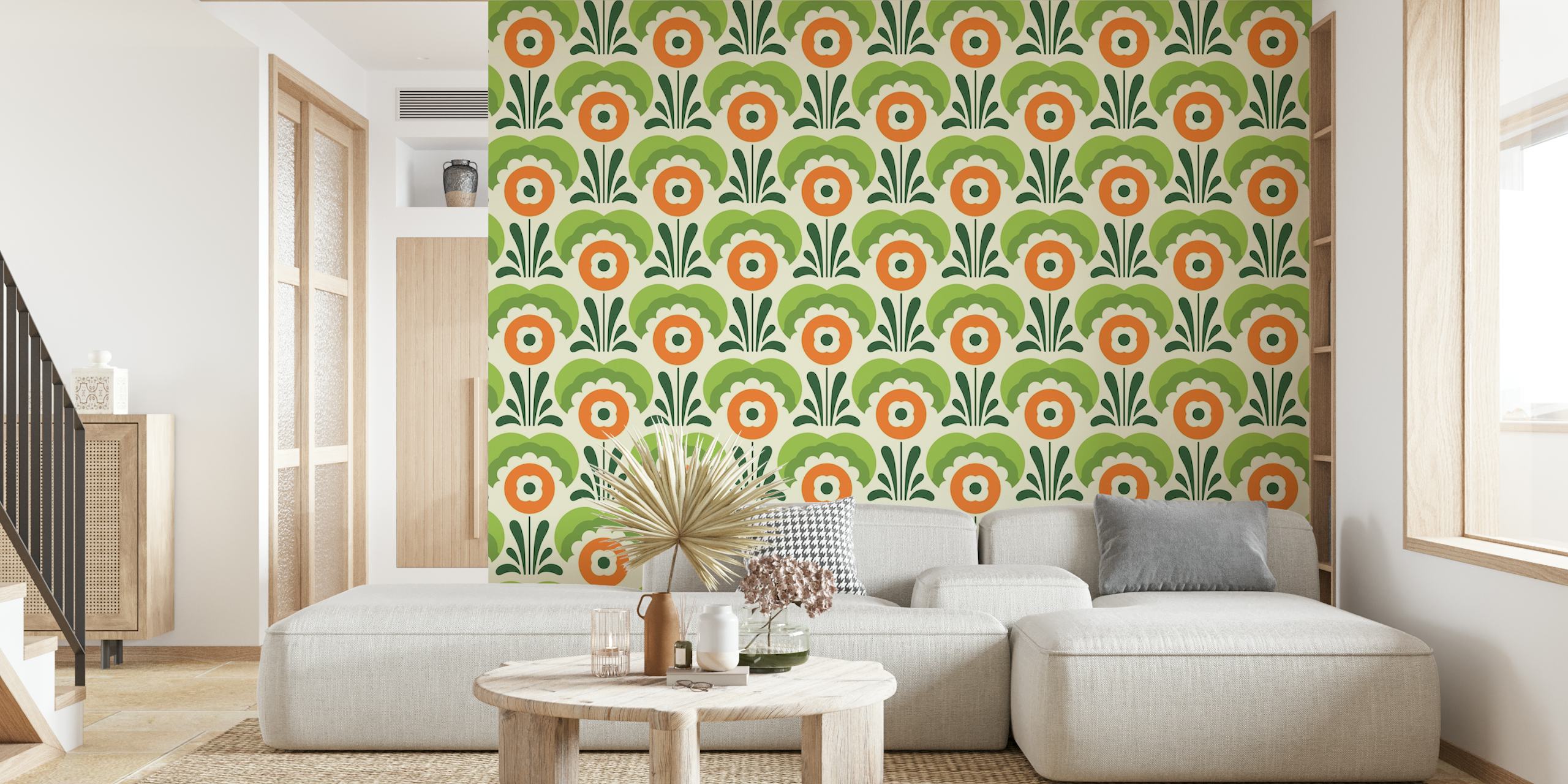 Green floral pattern with orange flowers and leaves wallpaper