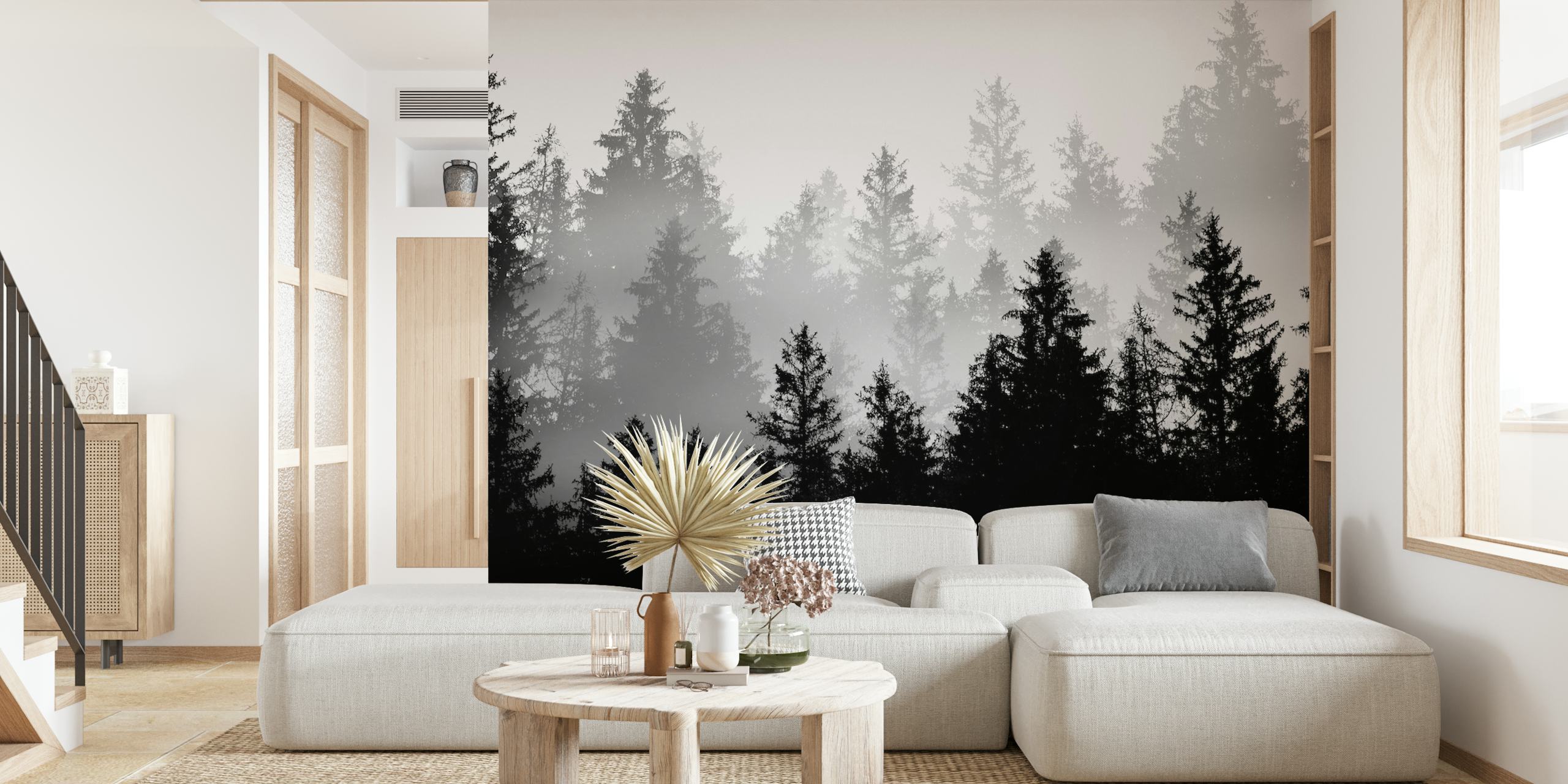 Papel pintado de bosque en blanco y negro en una habitación