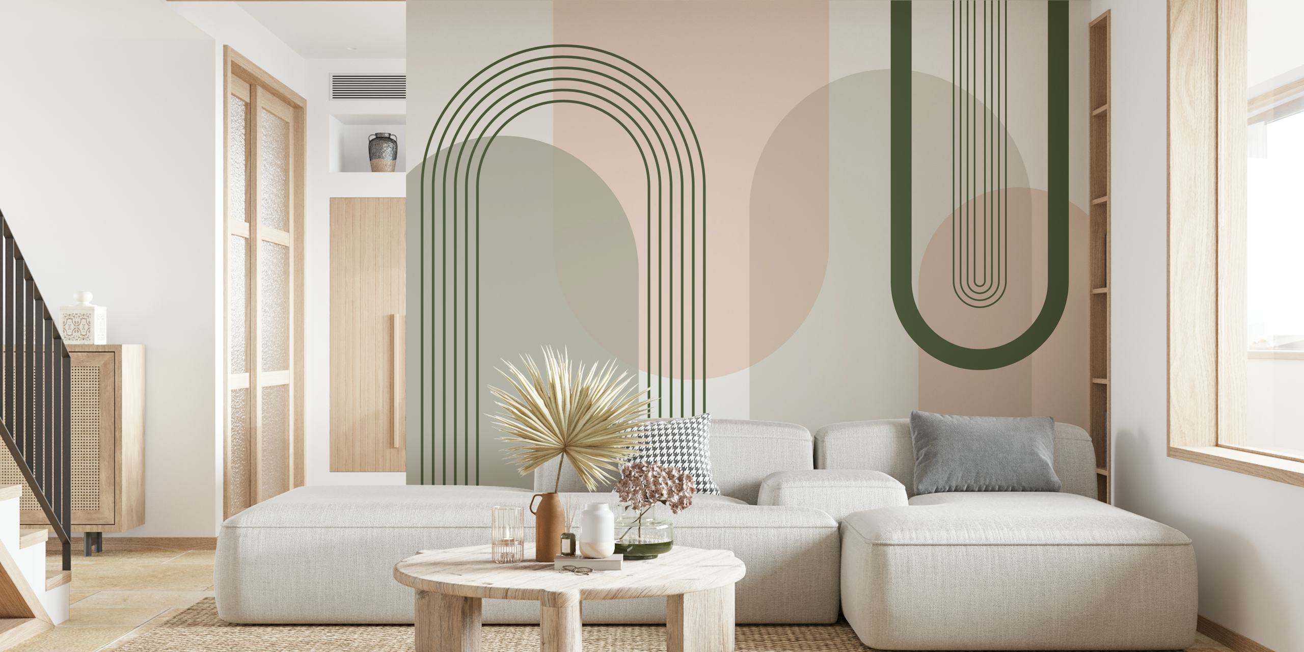 Mid century modern arches and circles in pink, green, and beige wallpaper