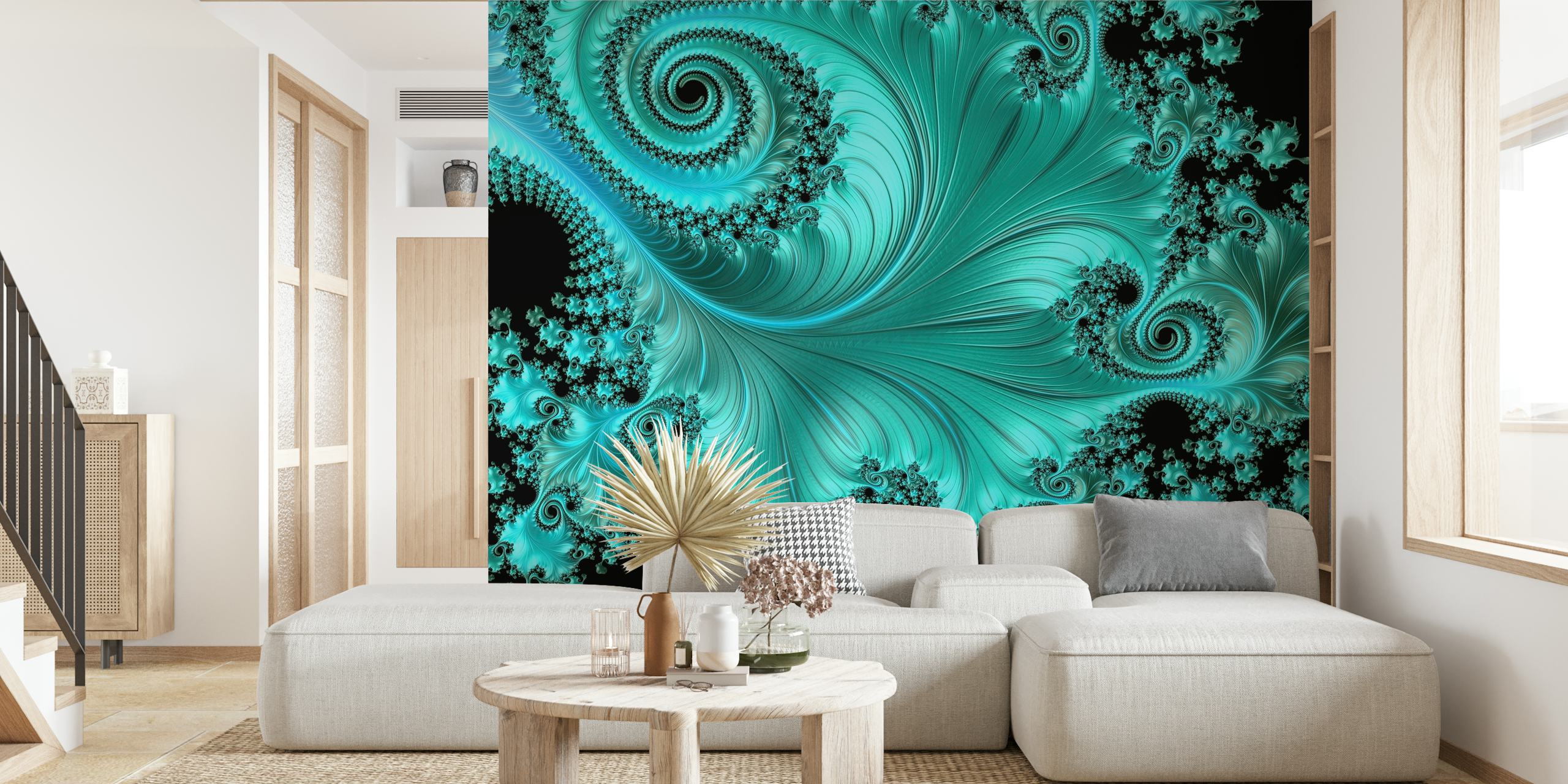 Turquoise swirling fractal pattern on black background wallpaper