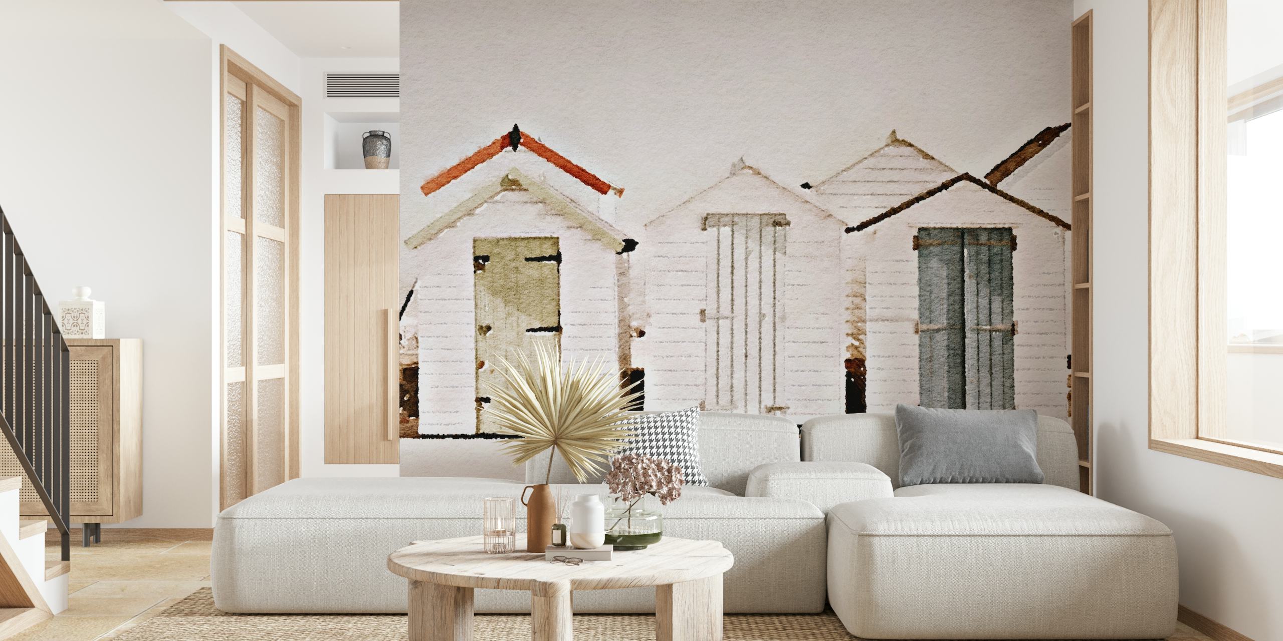 Watercolor beach houses in white with pastel roofs wallpaper