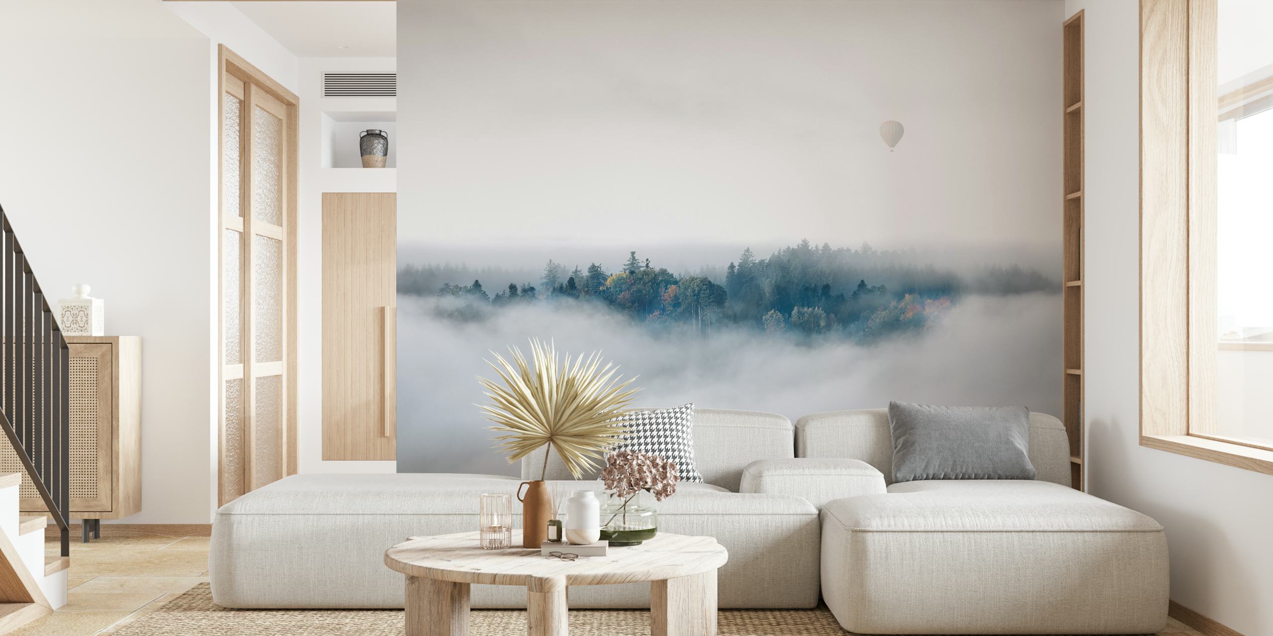 Misty landscape with trees and a hot air balloon, grey tones wallpaper