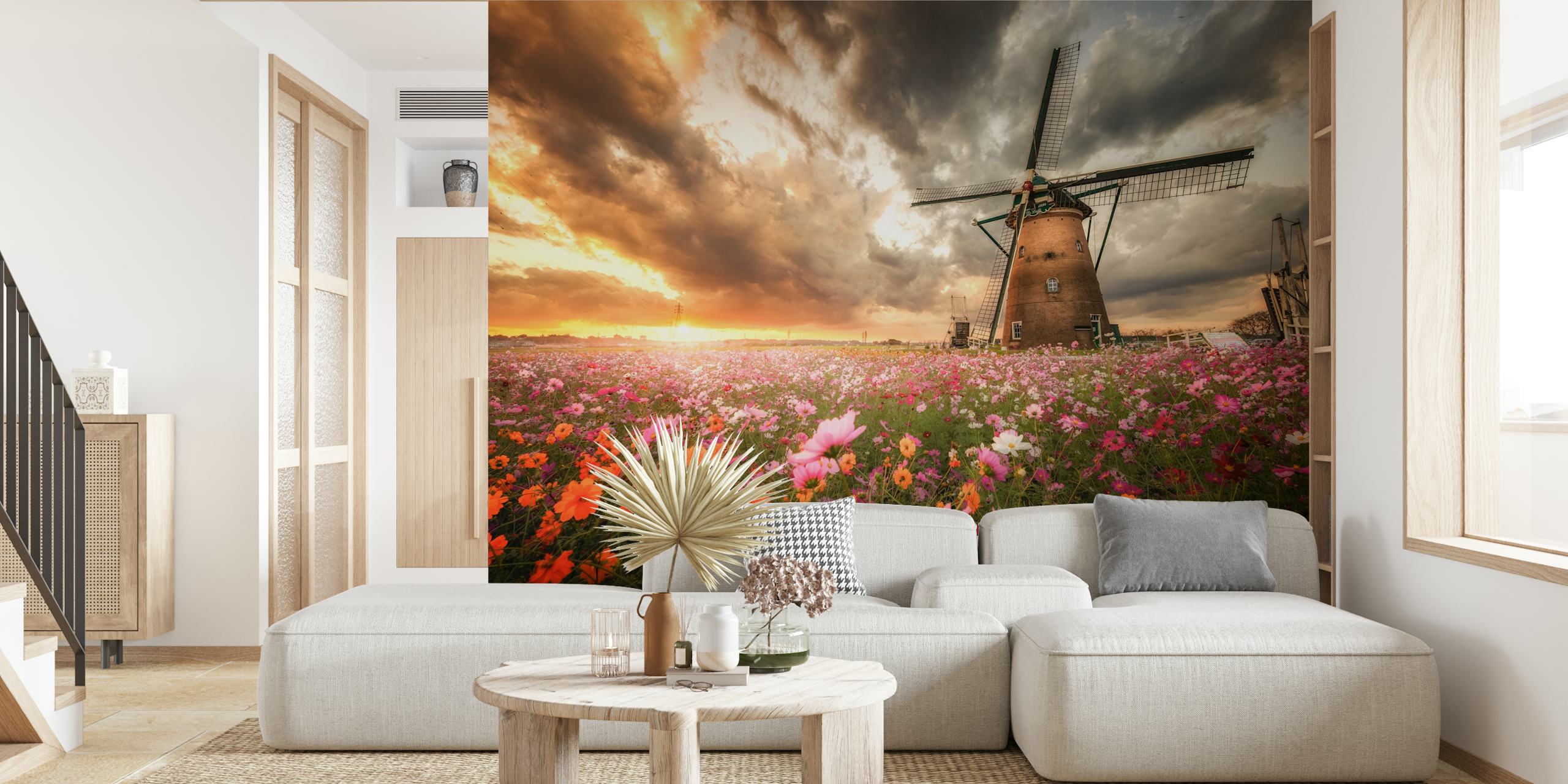 Fototapete Blumen Windmühle und bunte blumen bei sonnenuntergang