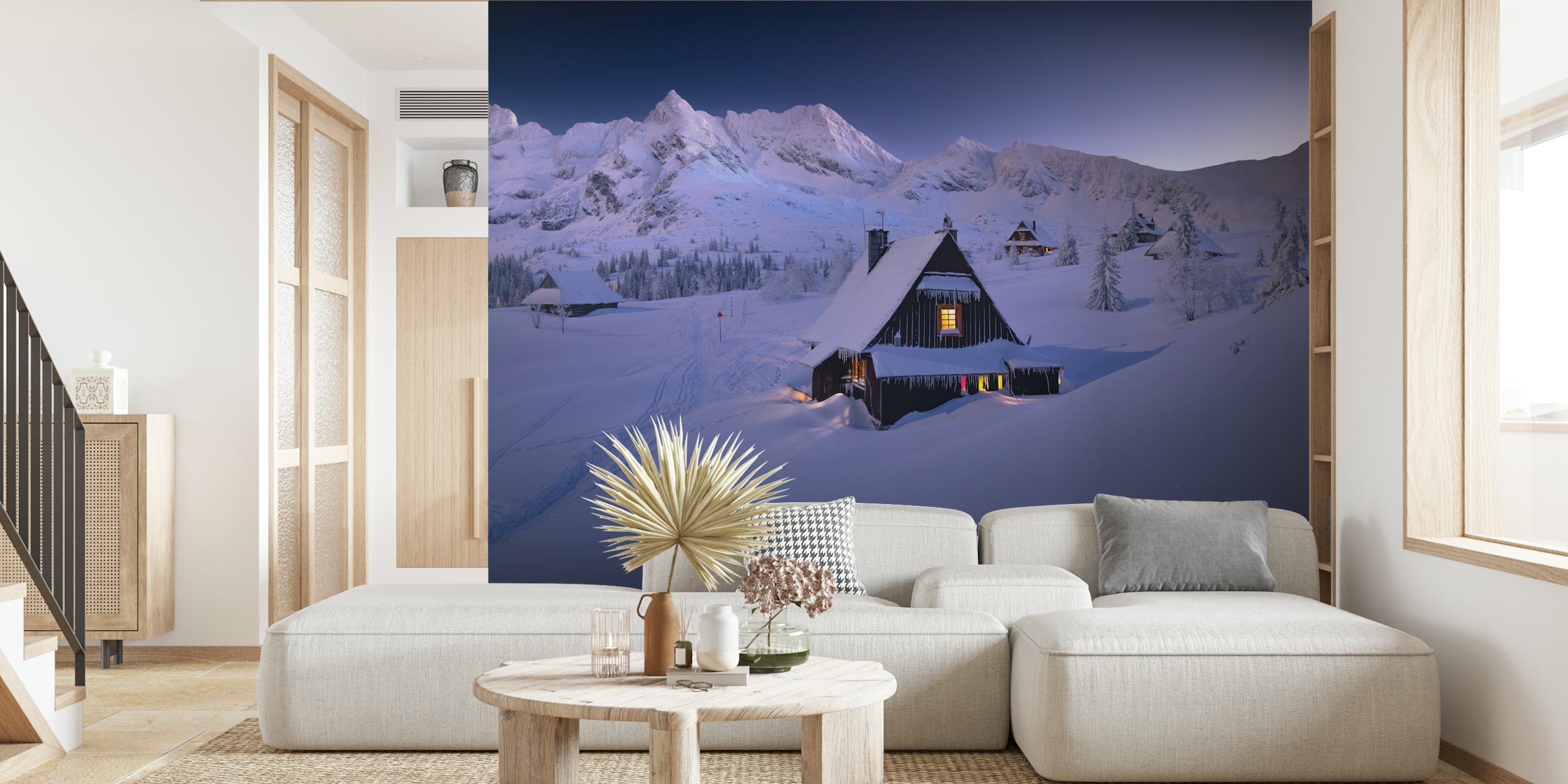 Snowy lodge in mountains at dusk wallpaper