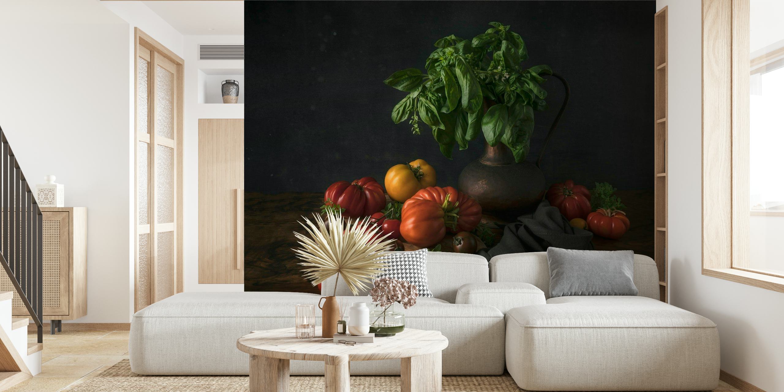 Wall mural depicting a still life arrangement of tomatoes and basil on a dark background with a moody ambiance.