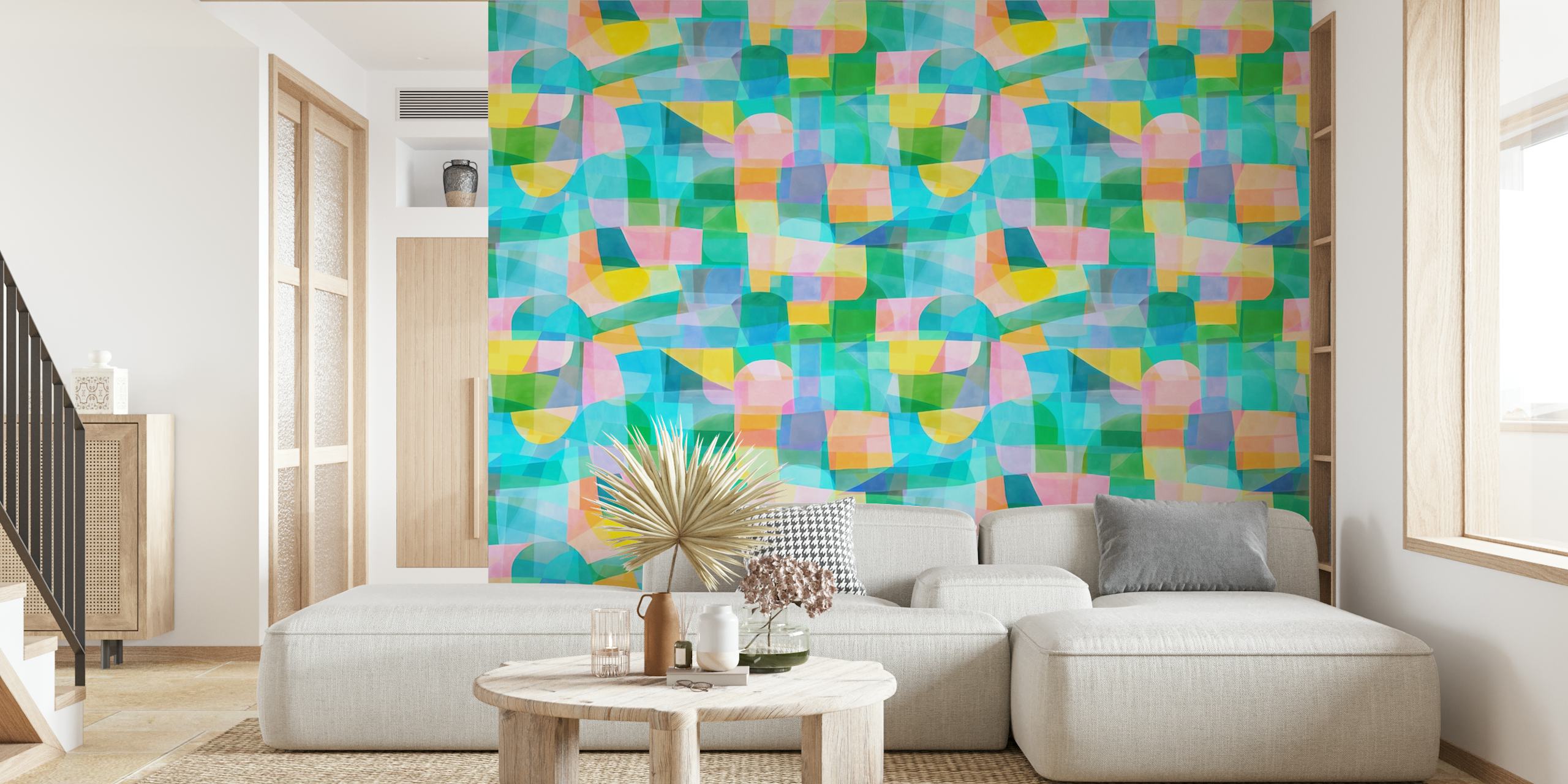 Colorful abstract geometric shapes in pastel pink, green and blue wallpaper