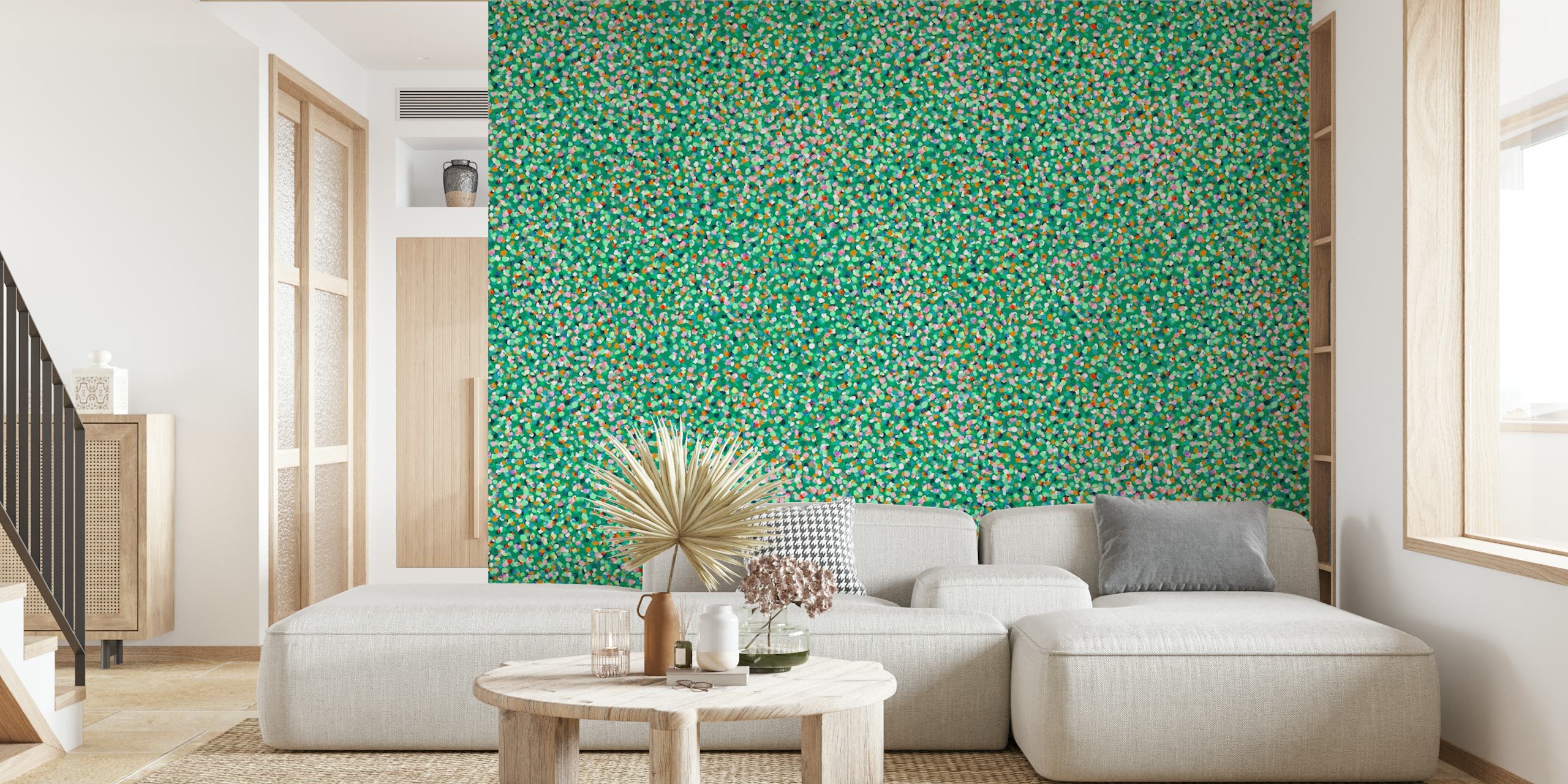 Emerald green wallpaper with colorful confetti dots