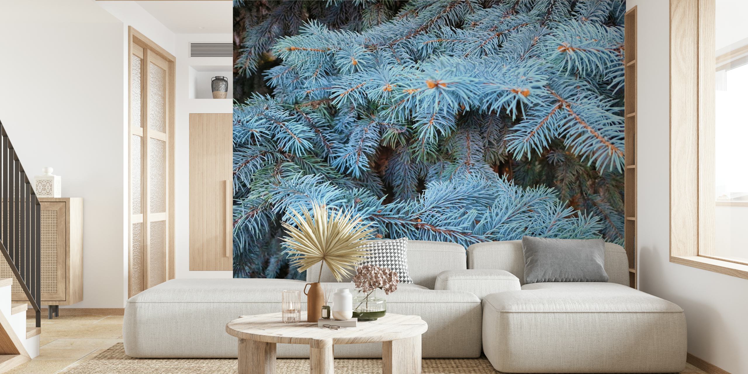 Blue fir branches wallpaper in a room
