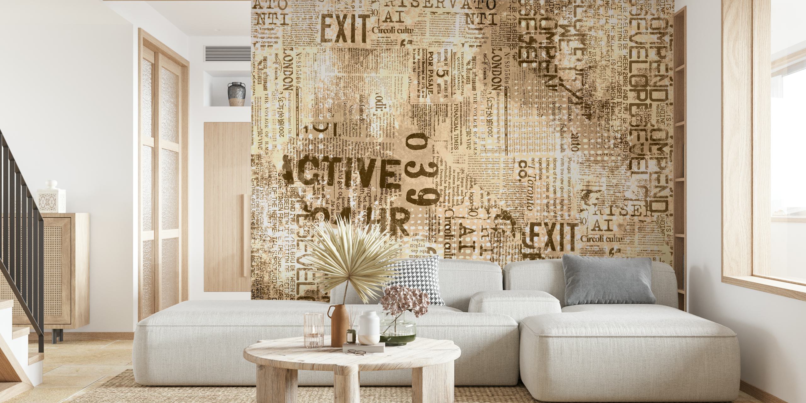 Urban beige and brown textured wallpaper with newspaper patterns