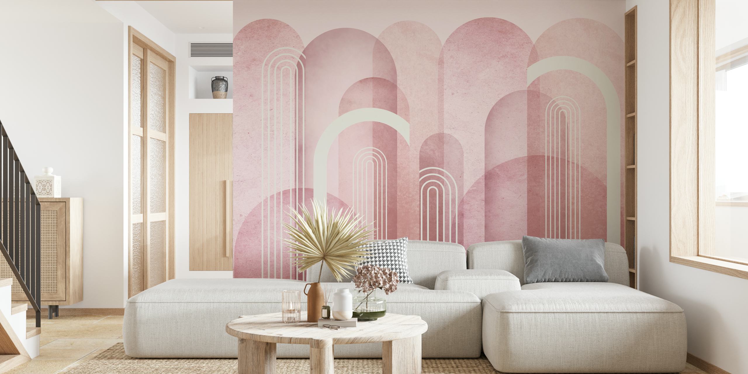 Blush pink mid century arches wallpaper in a room