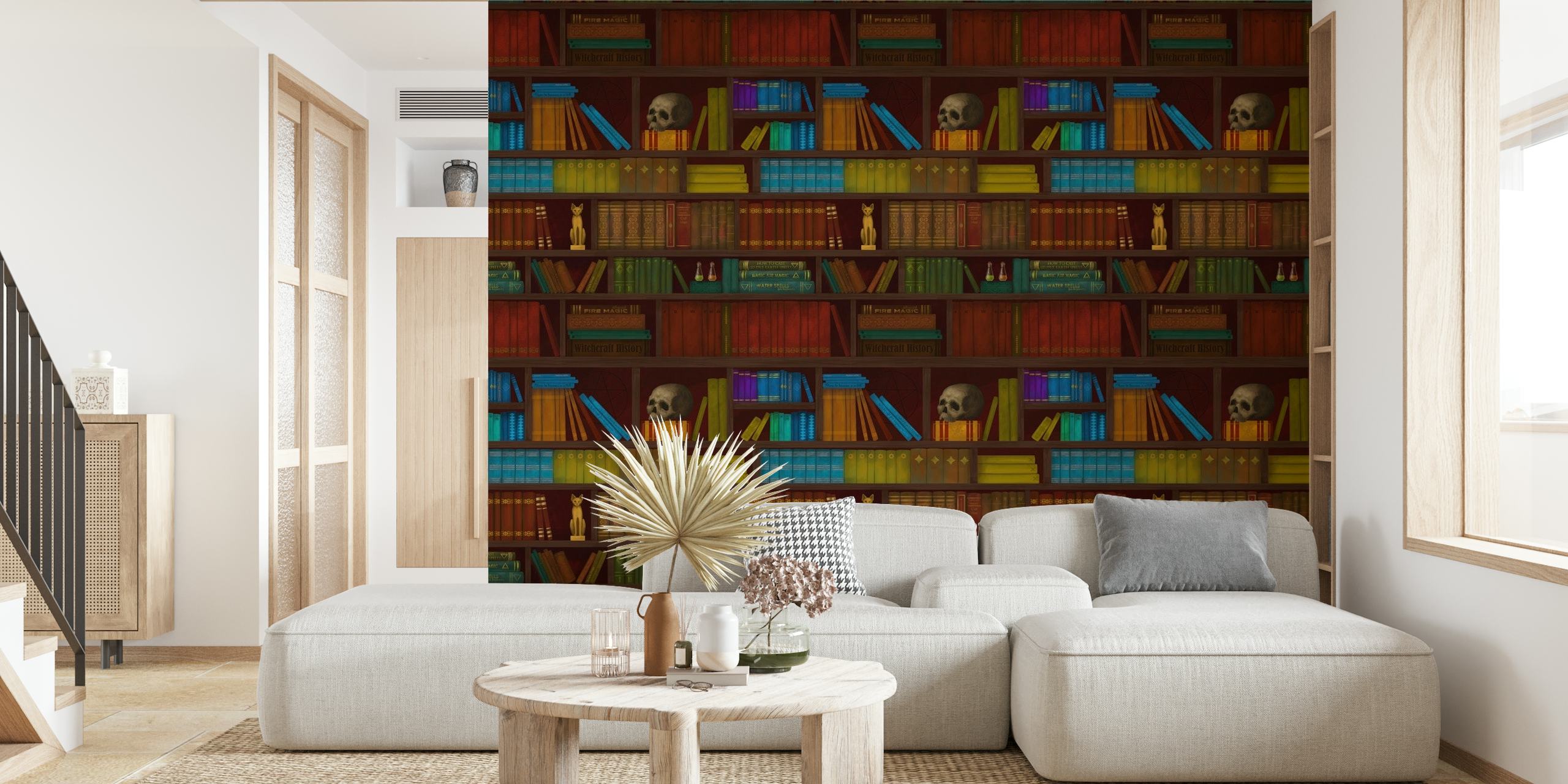 Vintage-style Dark Academia-inspired wall mural with bookshelves and artifacts