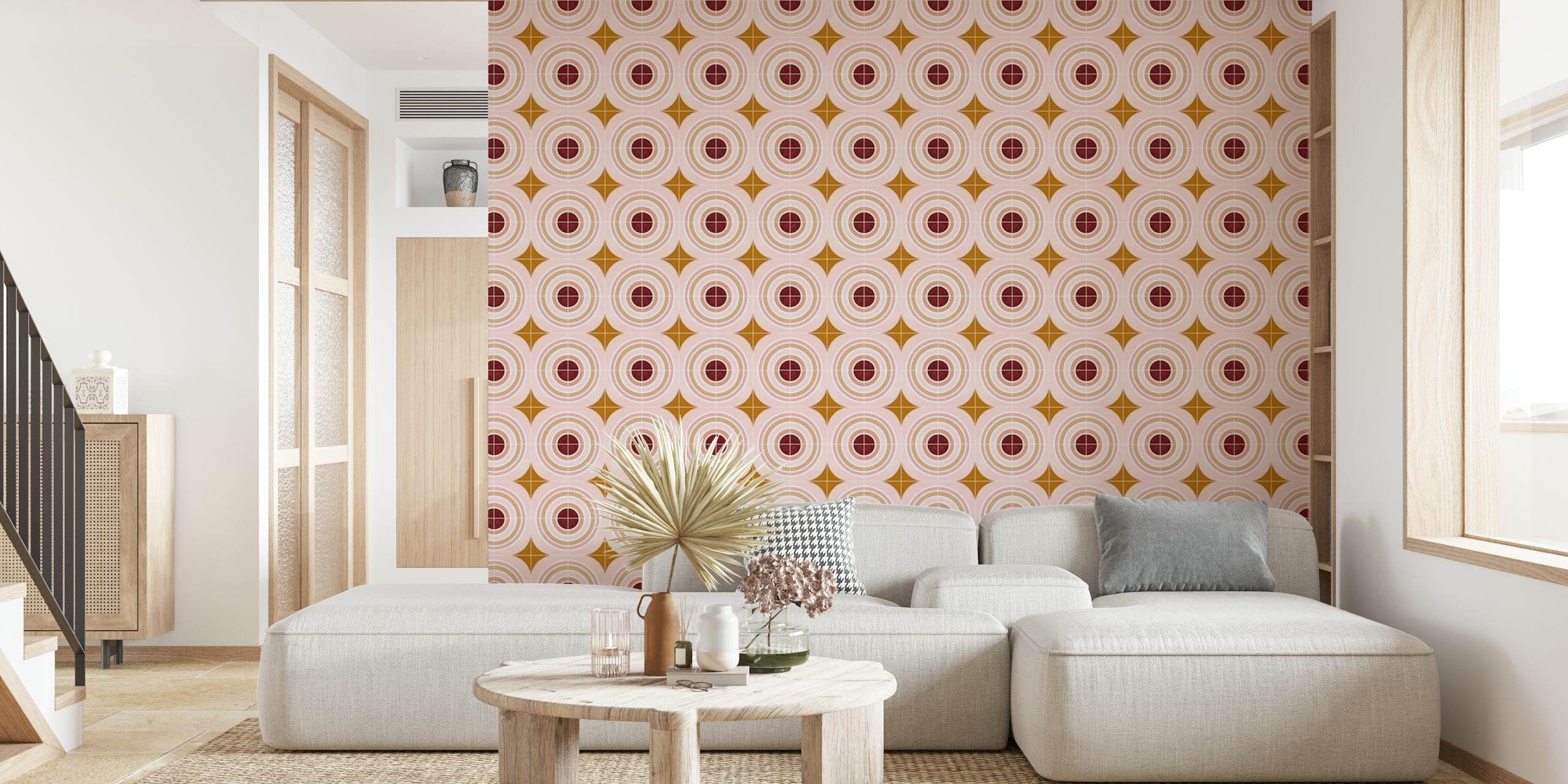 Papier peint Target Tiles présentant des motifs de cercles concentriques dans des teintes rose tendre et dorées