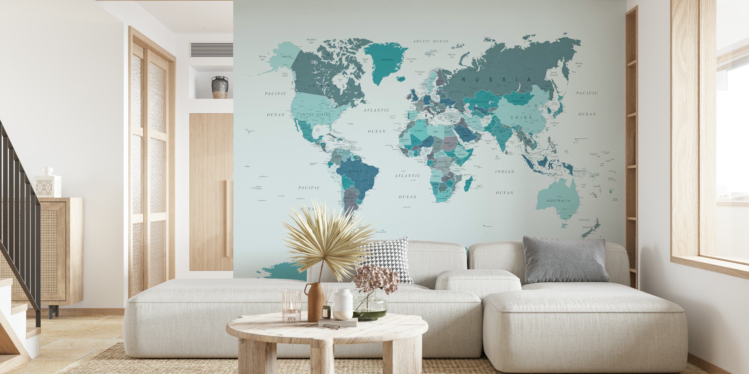 World Map Teal wallpaper in a room
