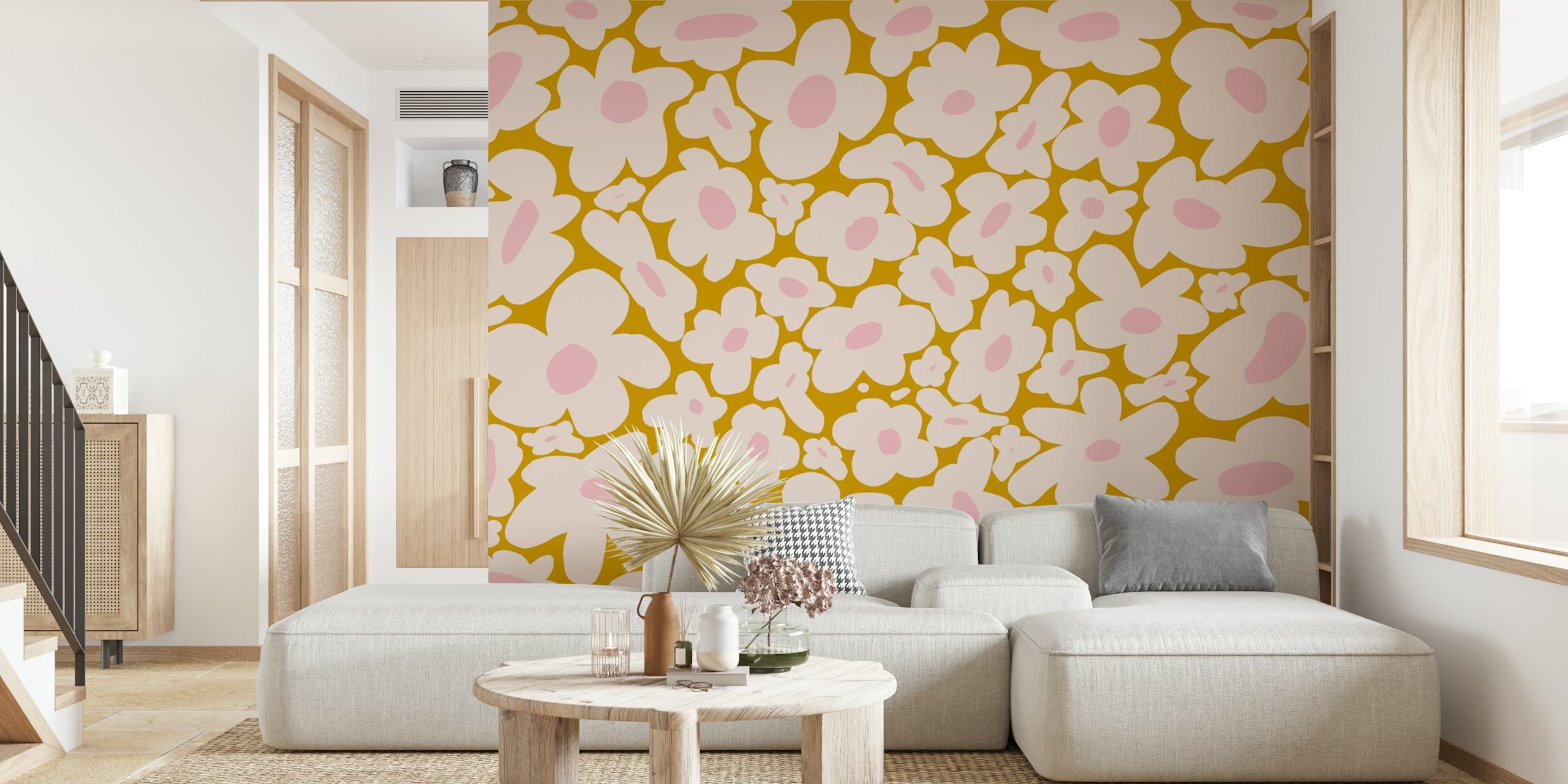 Retro hippie flowers wallpaper in a room