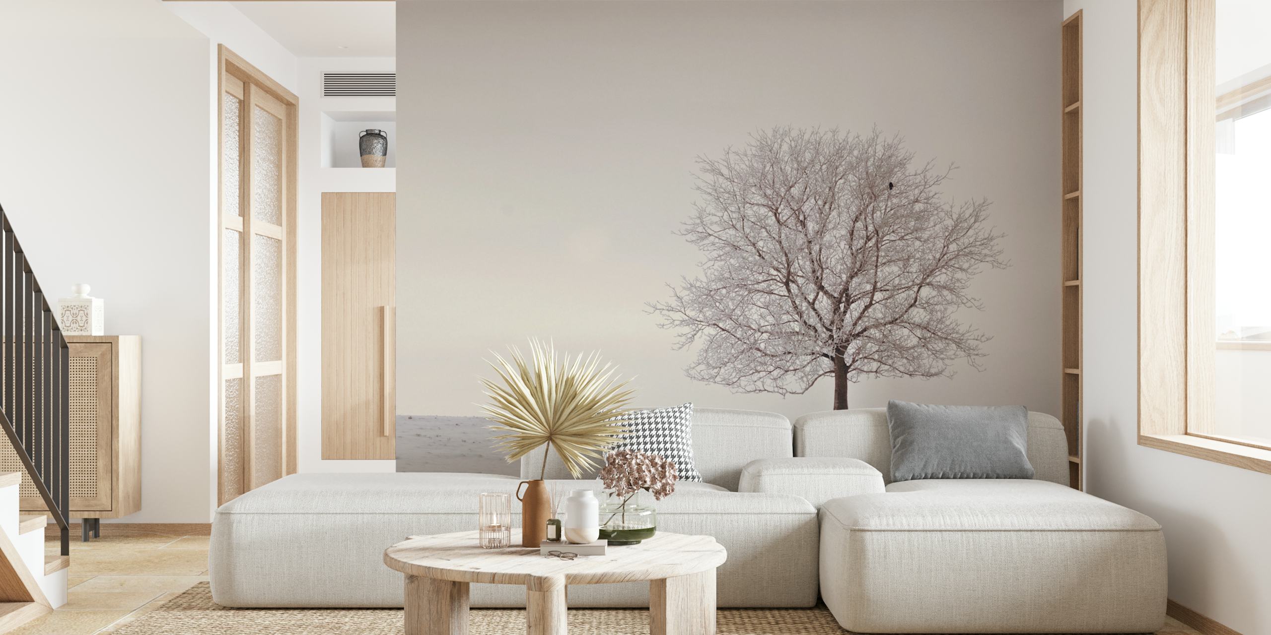 Tapeta Winter Tree Beige prikazana u sobi