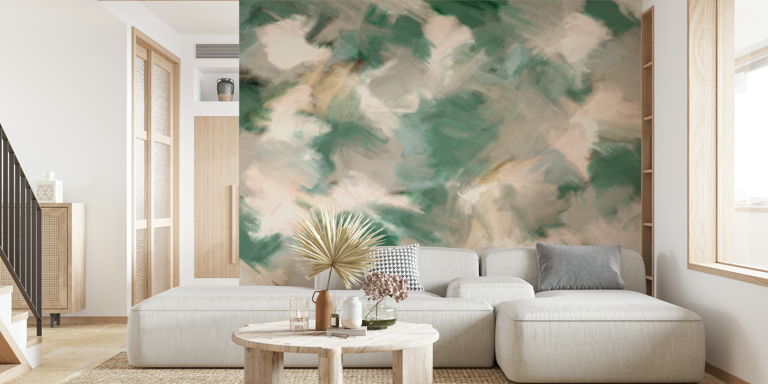 Abstract green and beige painted wall mural with square brushstroke patterns