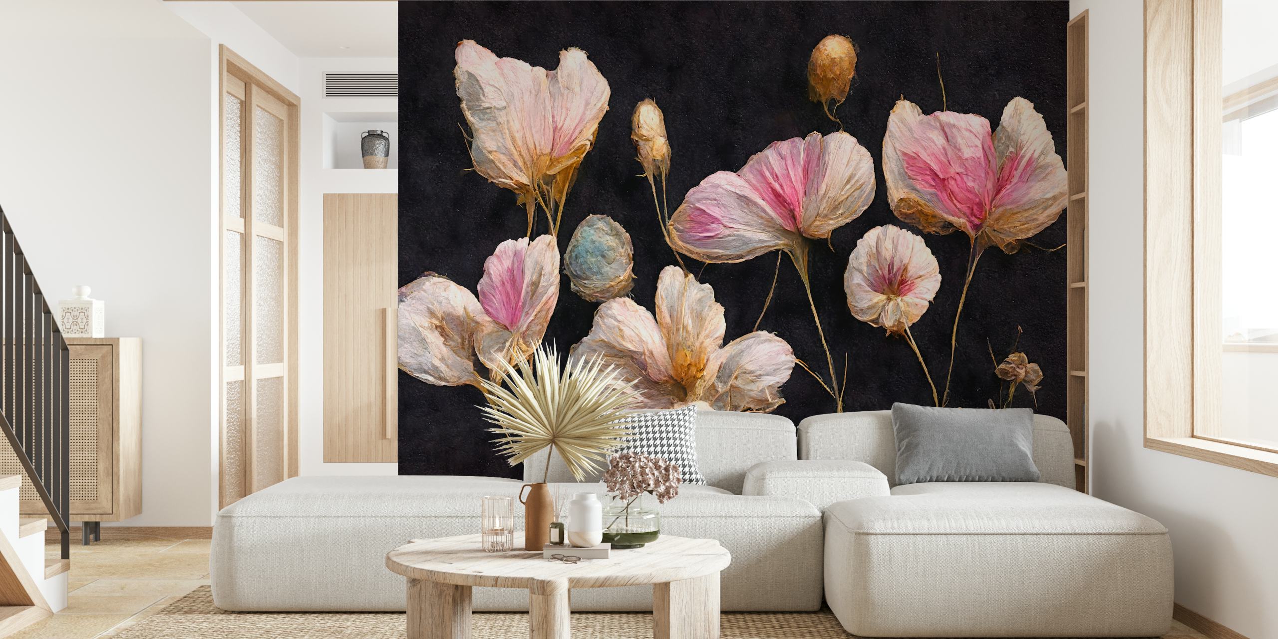 Pink dry flowers on a black background wallpaper