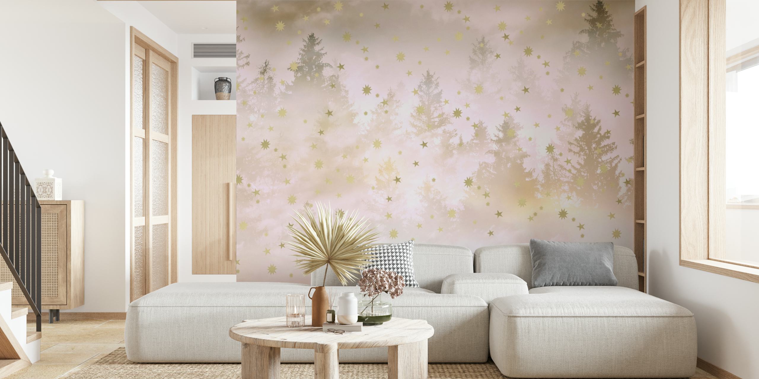 Blush forest wallpaper with stars and a soft pink background.