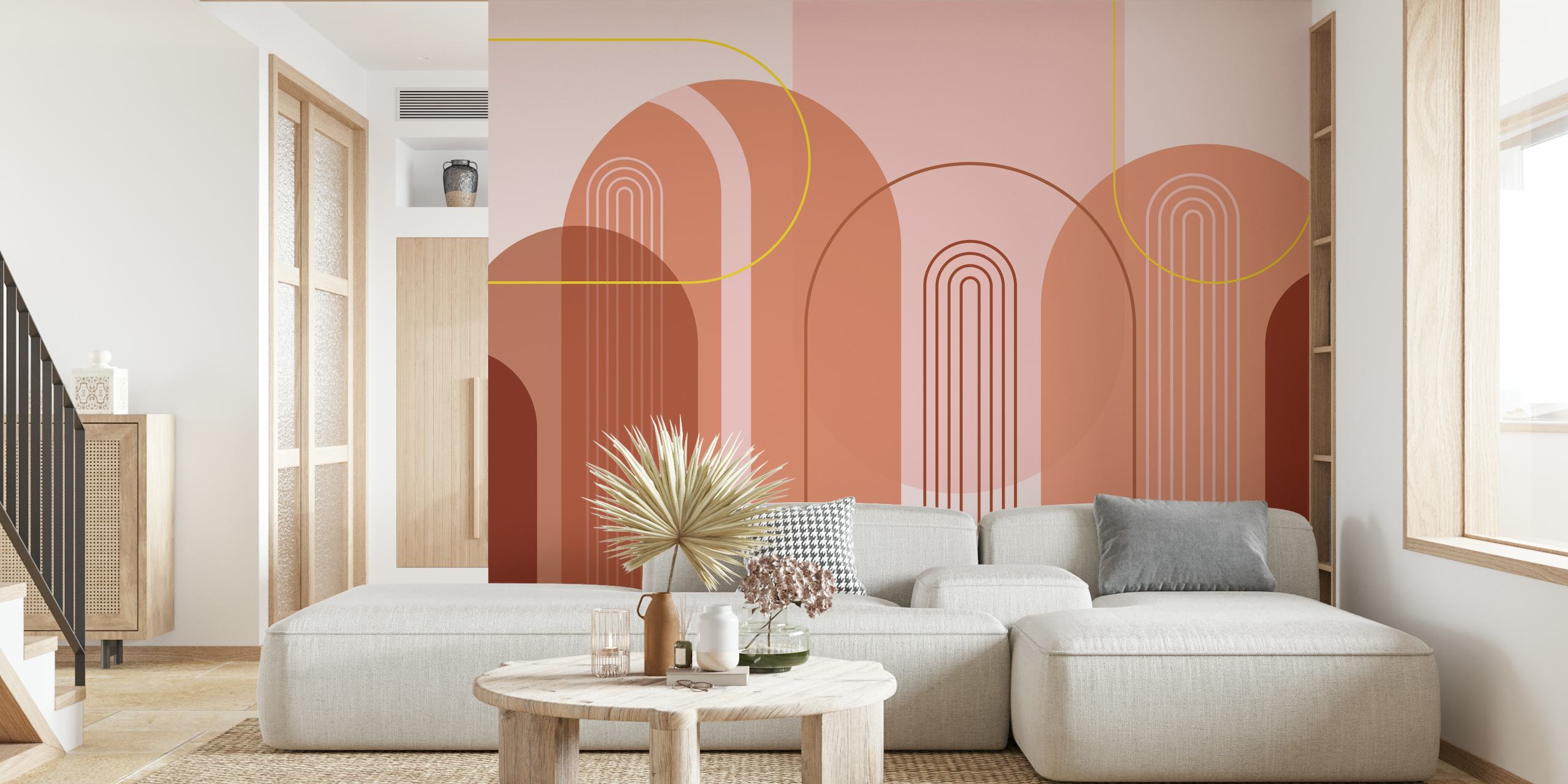 Abstrakt moderne buevægmaleri fra midten af århundredet med pink, beige, rødbrun og guldfarver