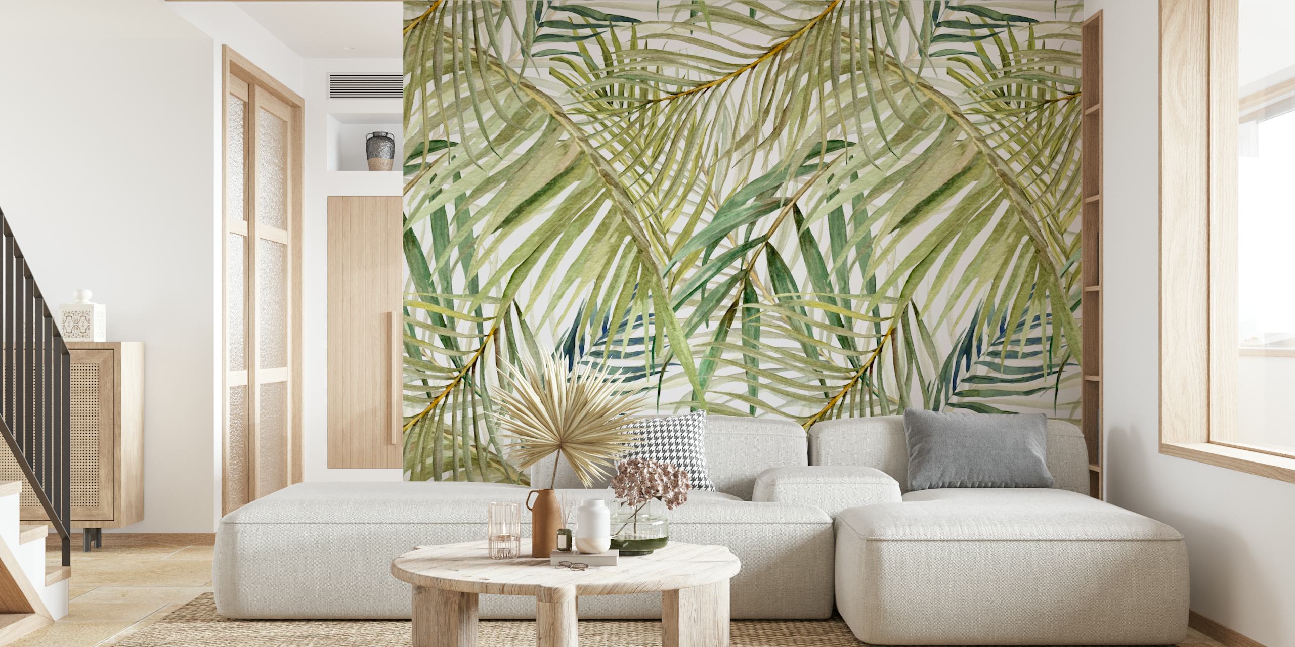 Jungle leaves in shades of green and beige wallpaper