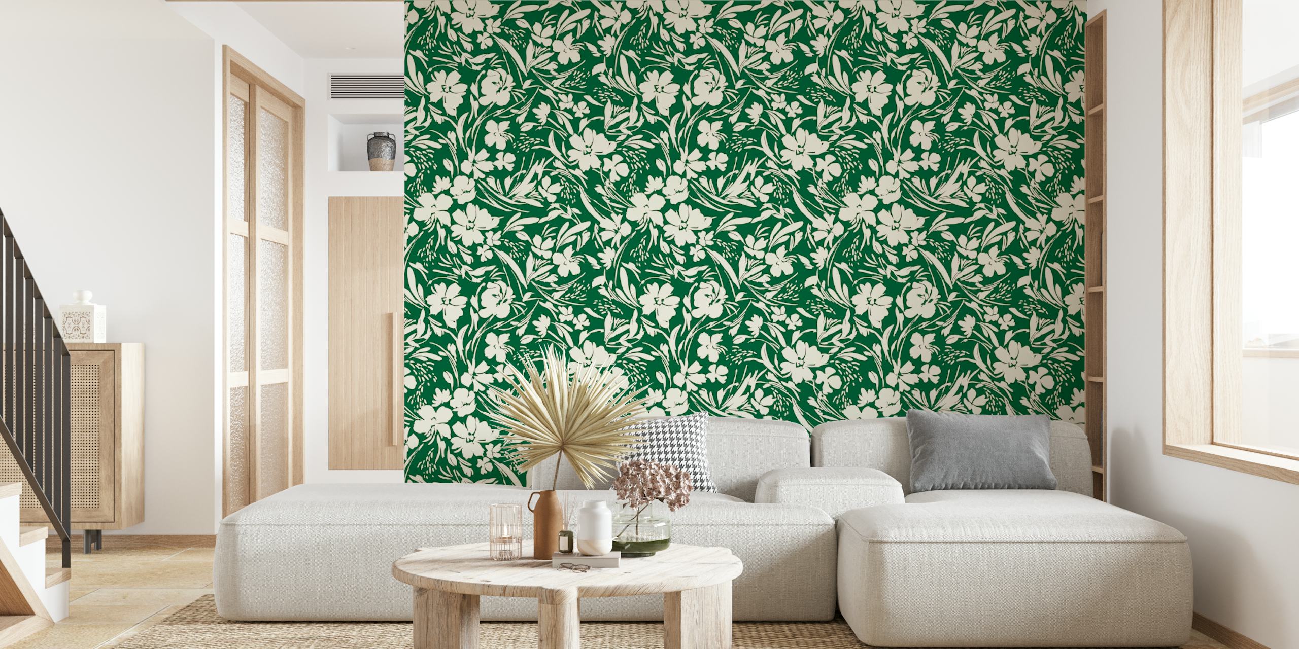 Green floral pattern wallpaper with white flowers