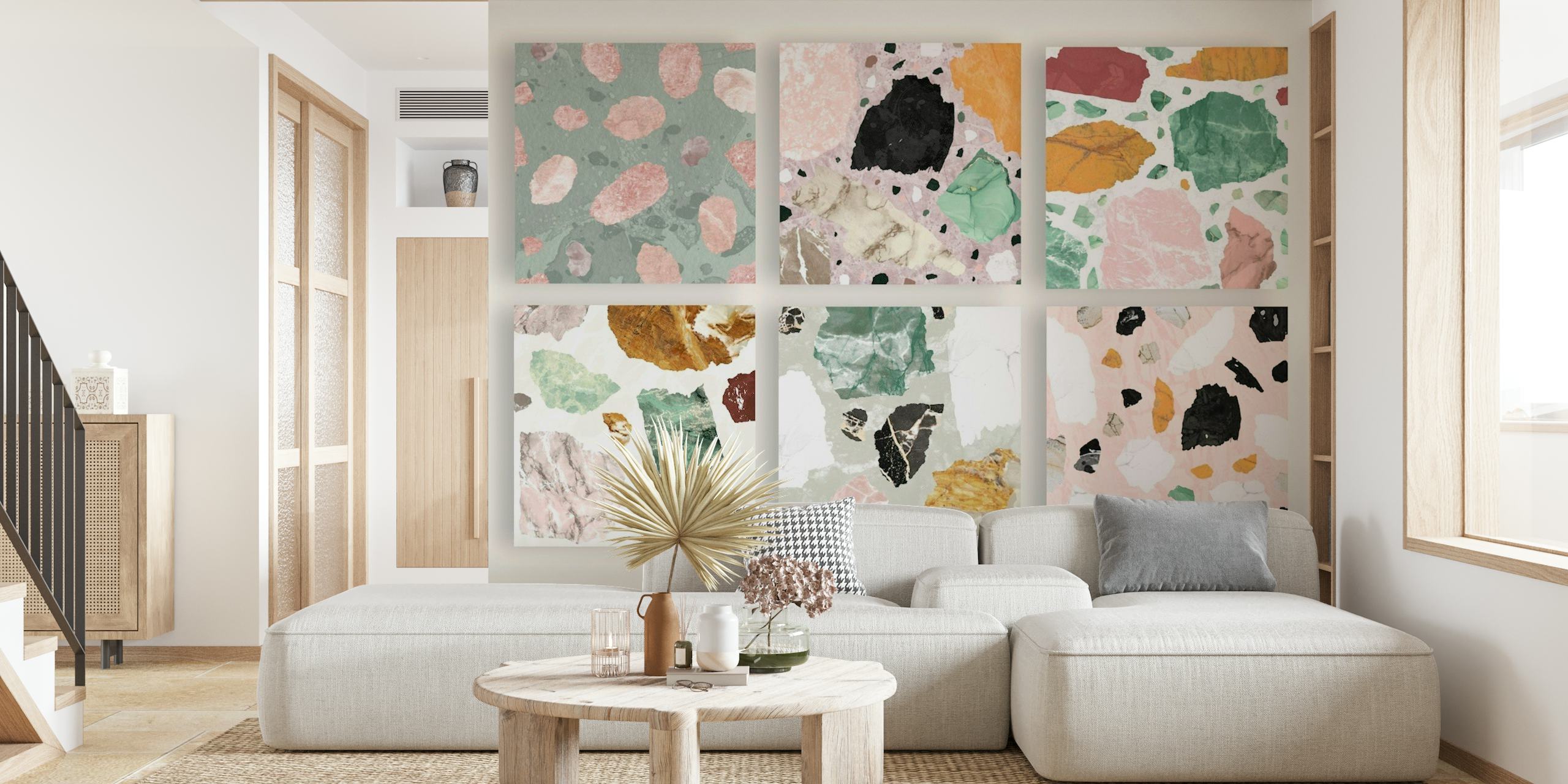 Heartstone pink abstract collage wall mural with pink, green, and black hues.
