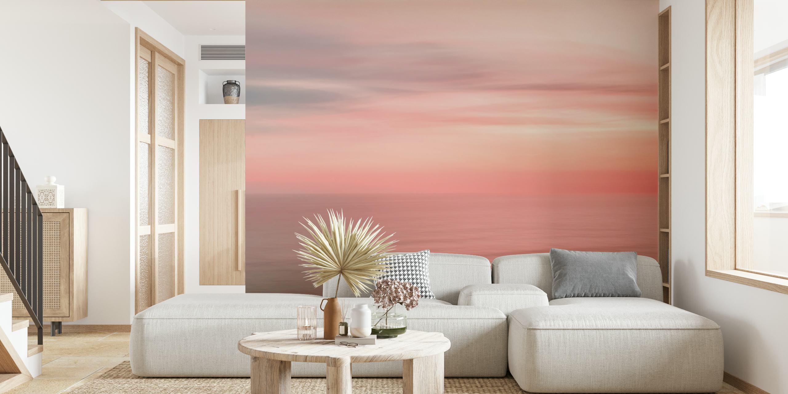 Mural de parede de um céu colorido do pôr do sol com tons rosa e laranja refletindo no oceano