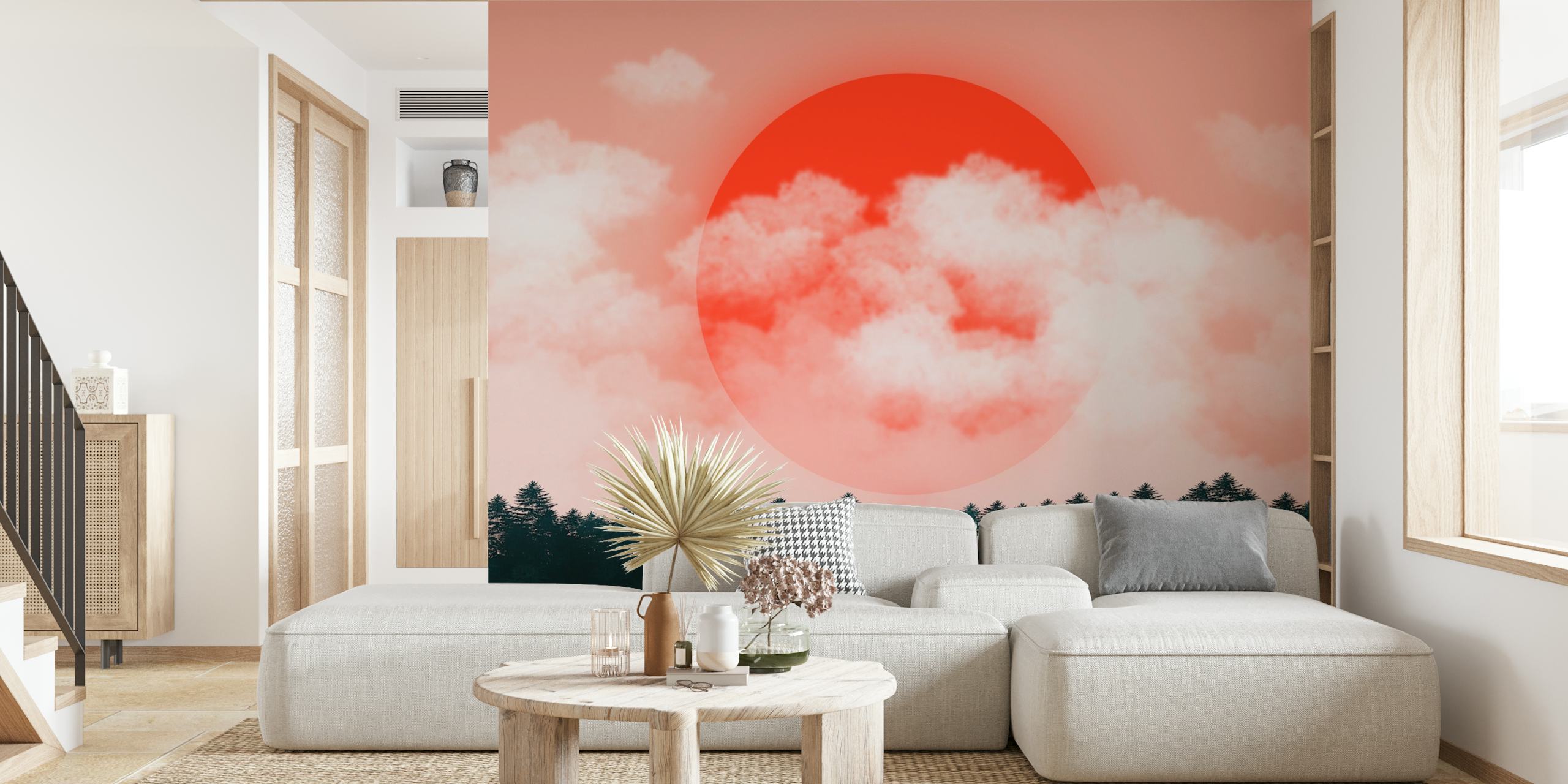 Runde rote Sonne über weißen Wolken und dunklen Bäumen wallpaper