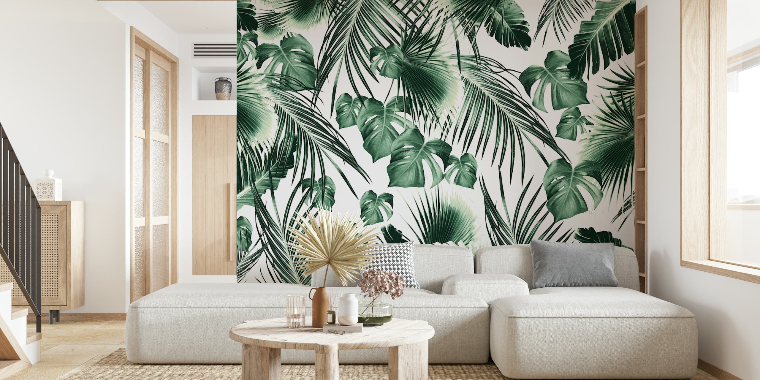 Tropical jungle leaves wallpaper in a room