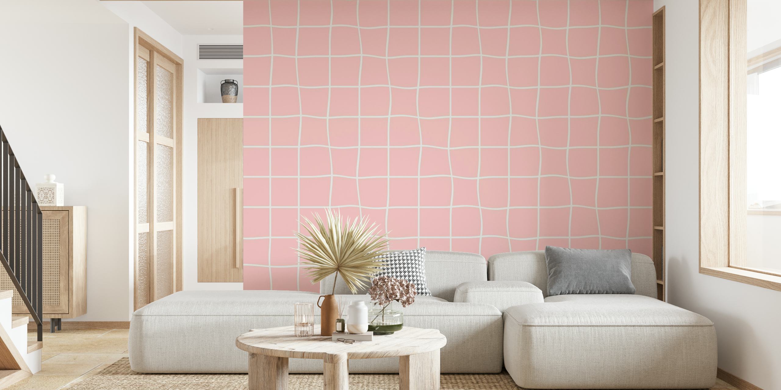 Pink wall mural with minimal white grid pattern for interior decor