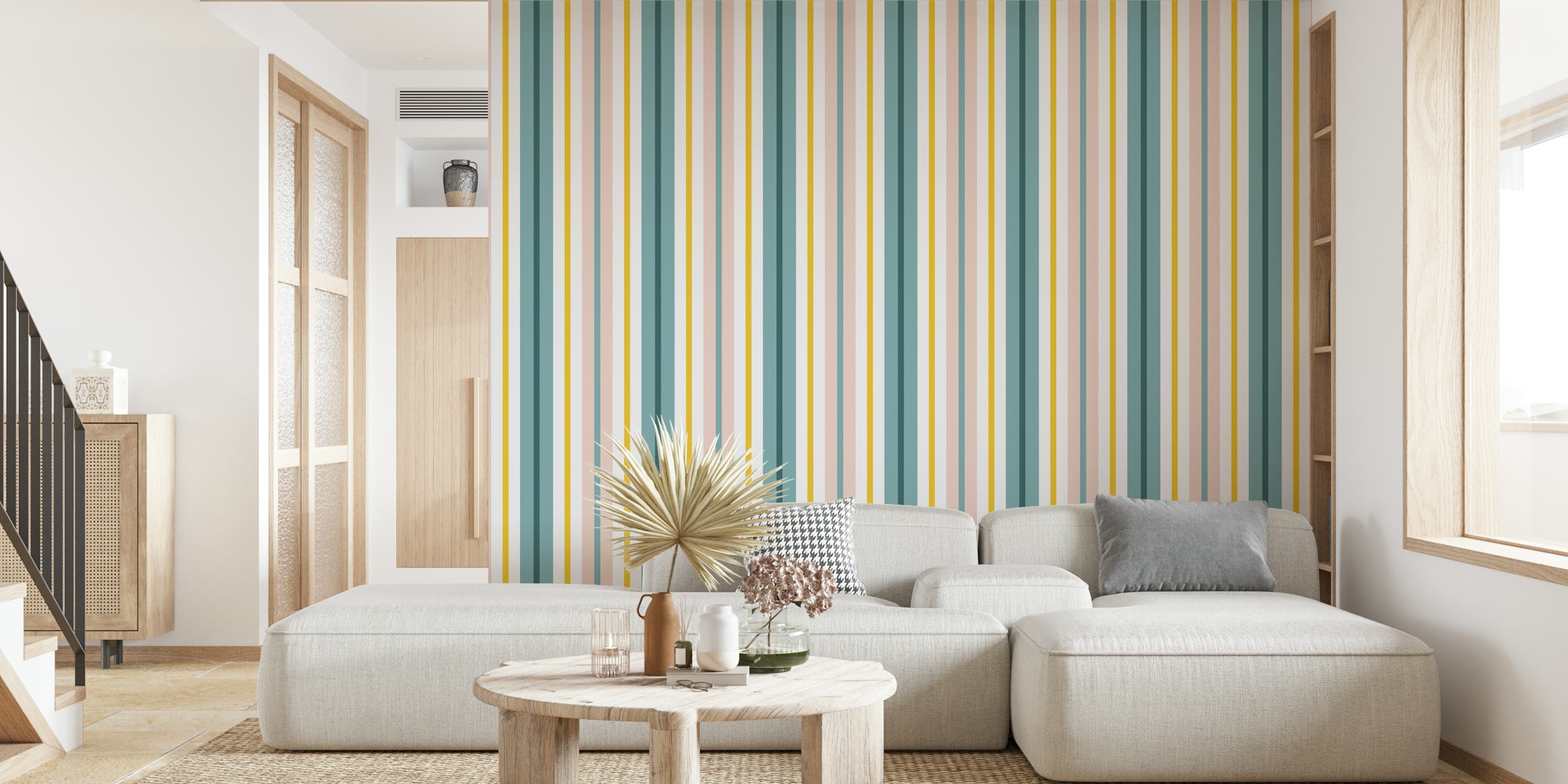 Stripes Teal Blush Mustard wallpaper displayed in a room