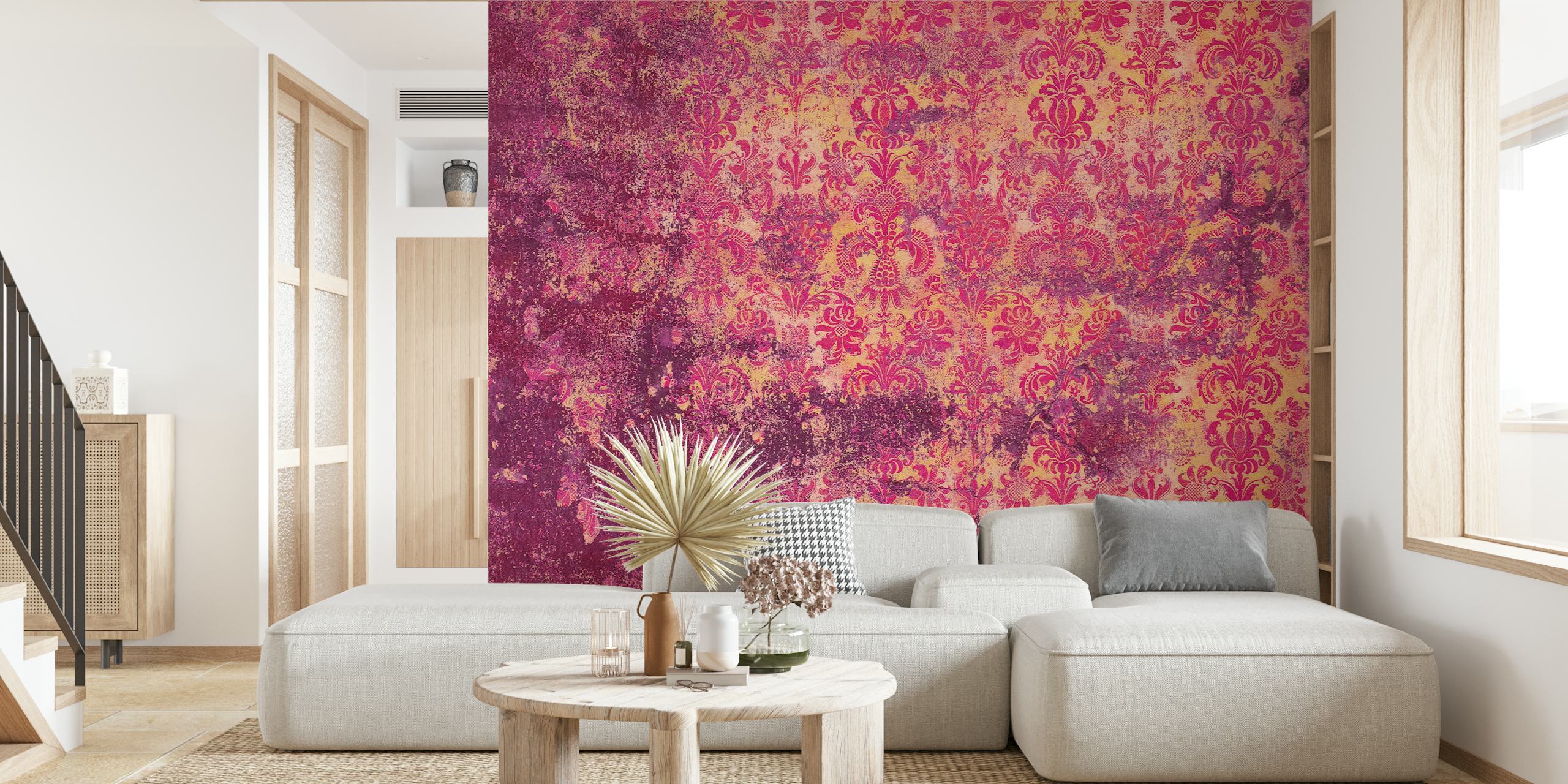 Grunge Damask Wall Fuchsia wallpaper in a room