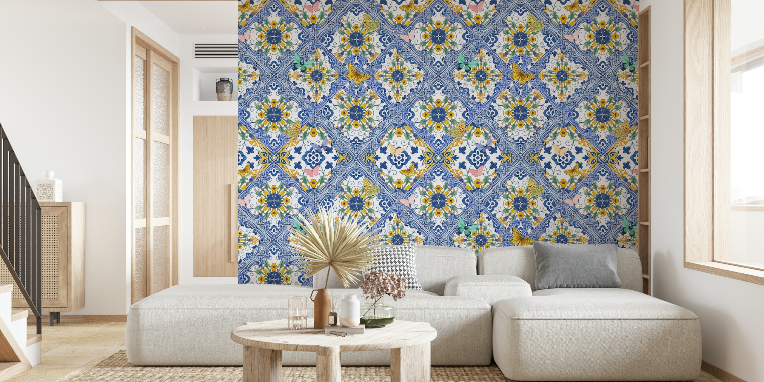 Blue tiles and butterflies wallpaper design