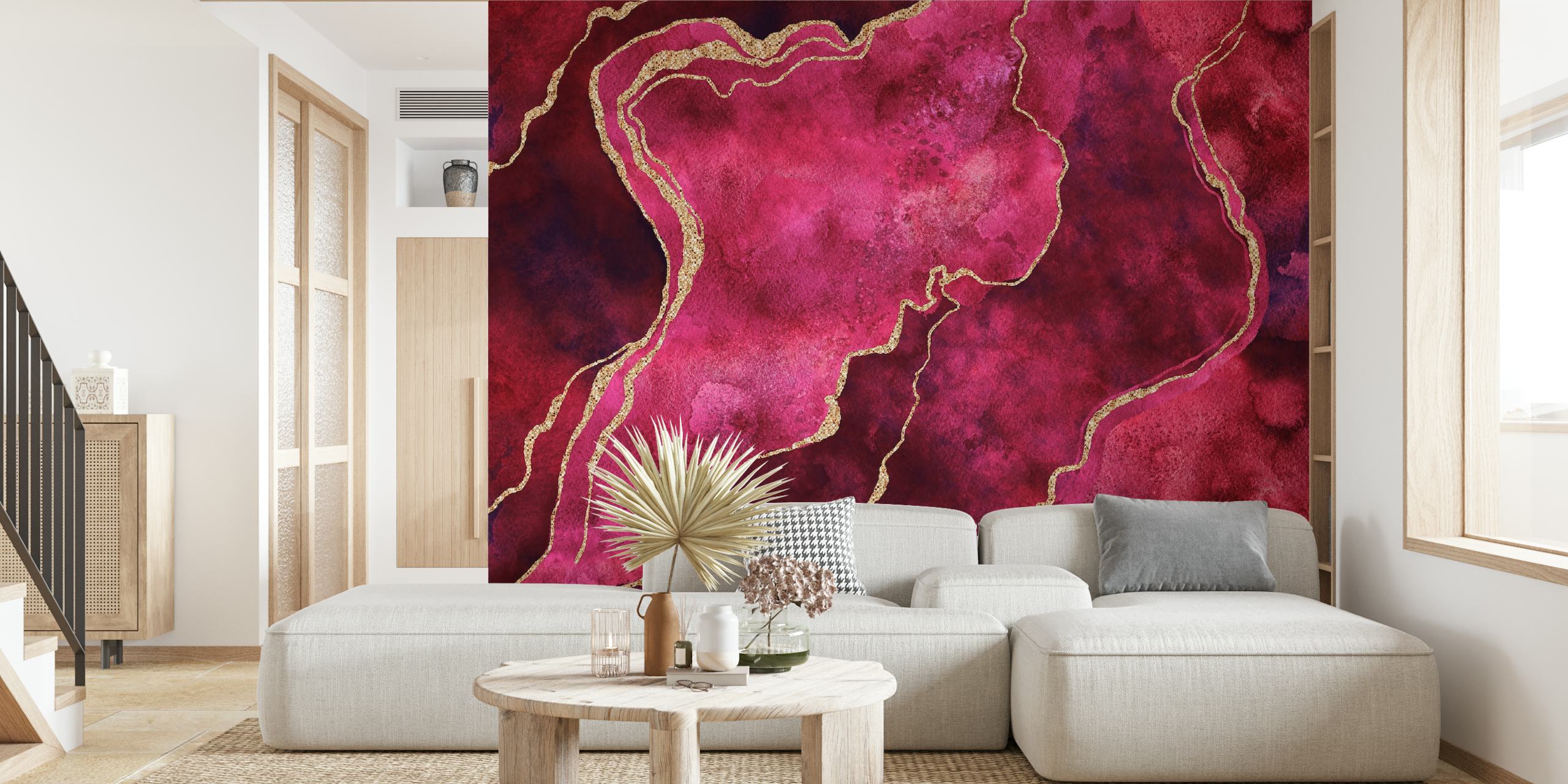 Magenta and dark purple marble effect wallpaper with gold accents